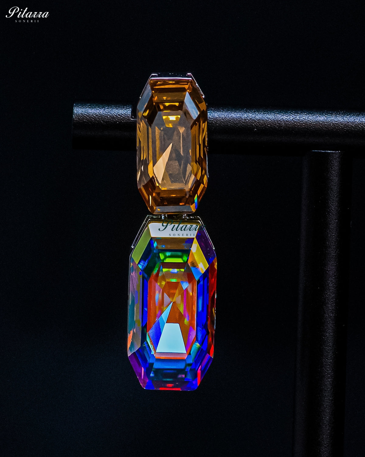 Amber and Multicolor Emerald Cut Crystal Drop Earrings