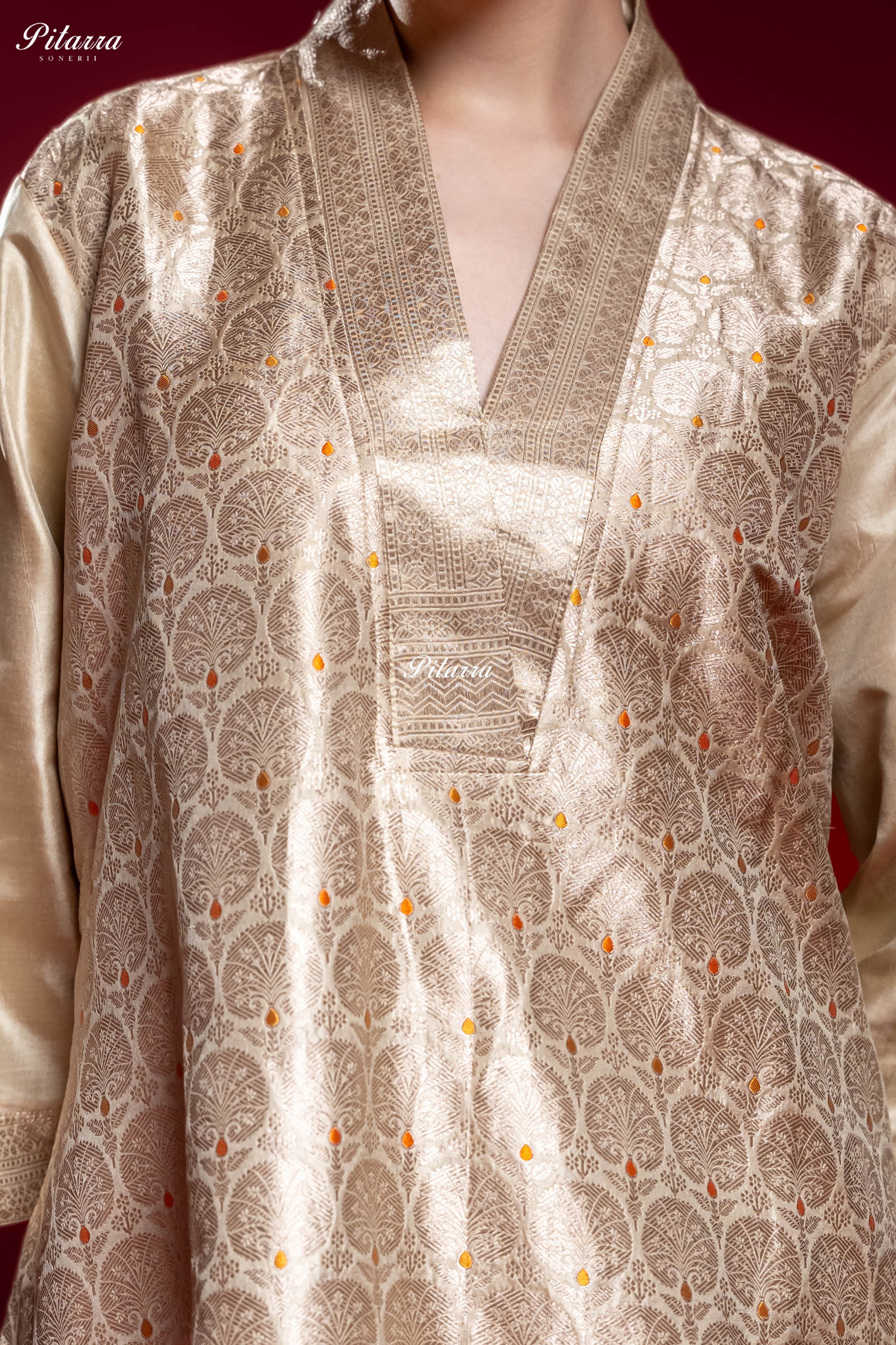 Ivory Gold Banarasi Jacquard Silk Kurta Set with Matching Dupatta