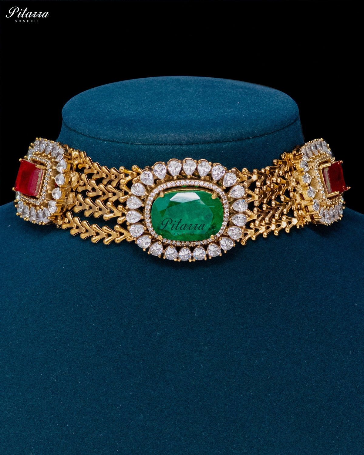 Emerald Green & Ruby Red Stone Kundan Choker Set