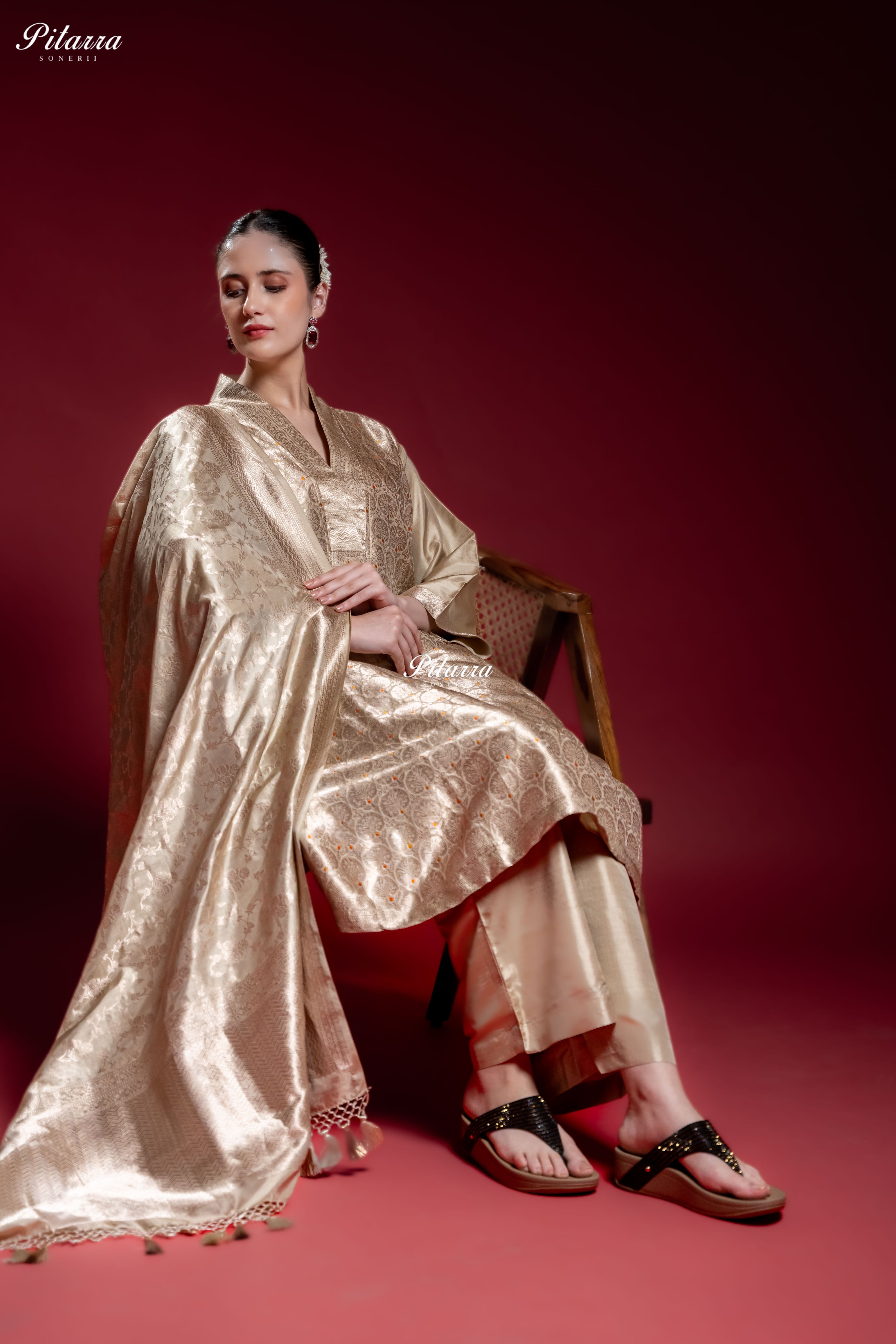 Ivory Gold Banarasi Jacquard Silk Kurta Set with Matching Dupatta