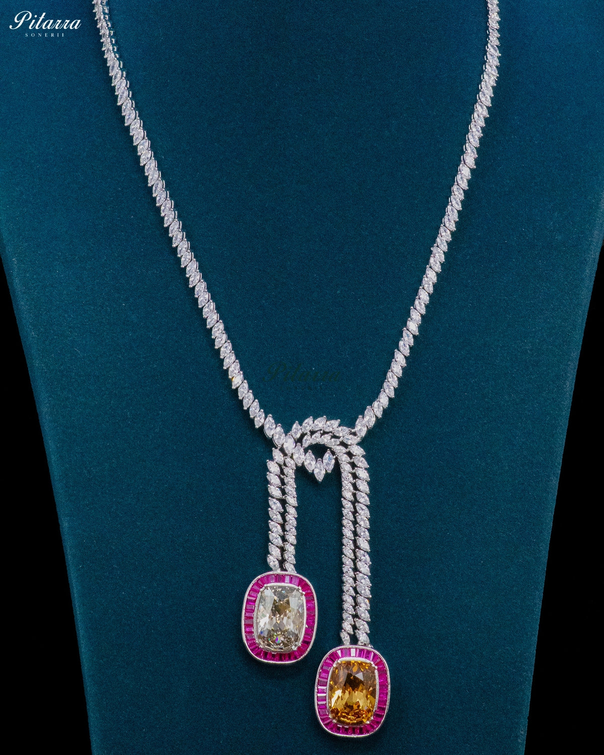 Champagne Stone Pink Baguette Zircon Silver Crystal Lariat Necklace Set