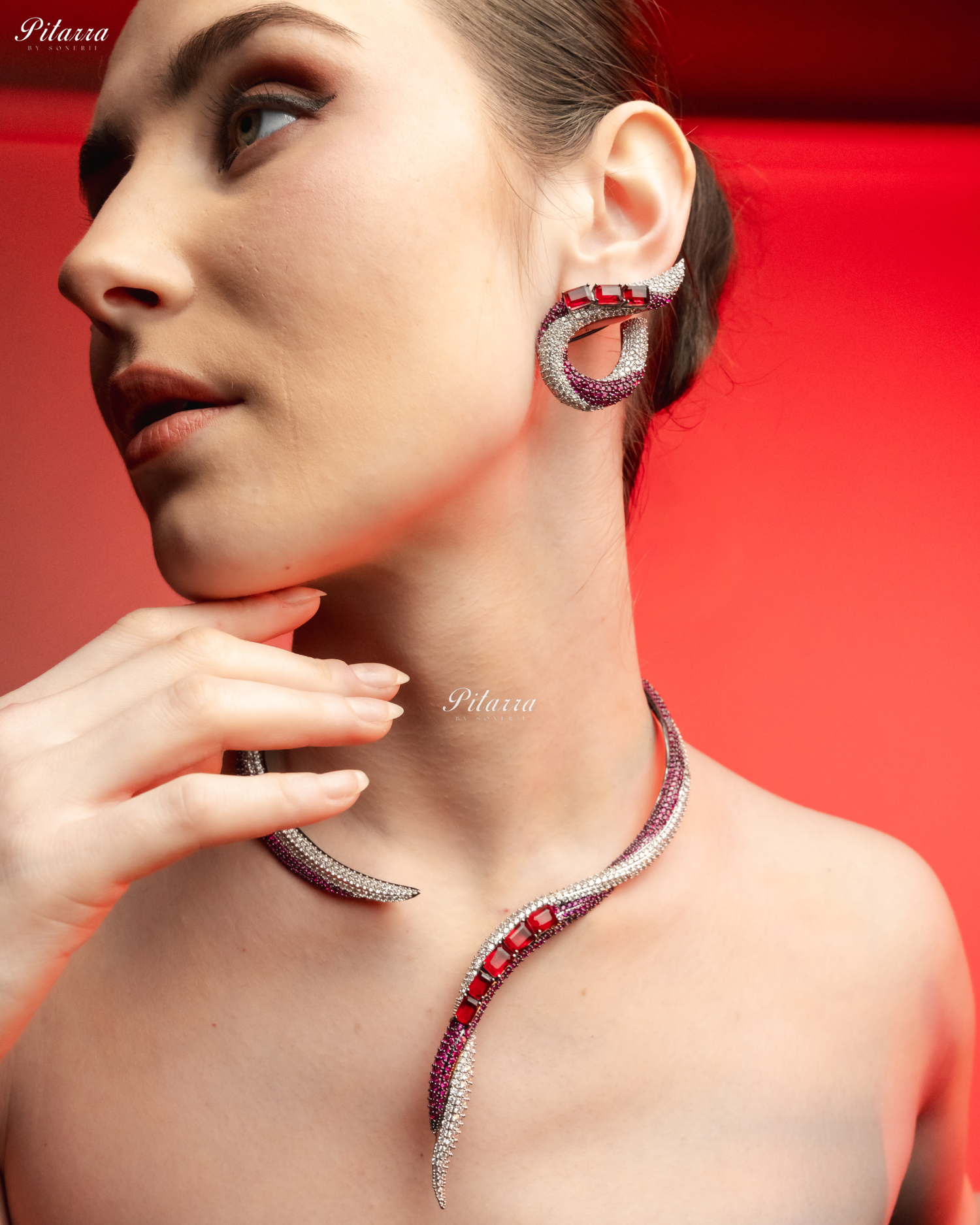 Red Stone Sleek CZ Choker Statement Necklace Set