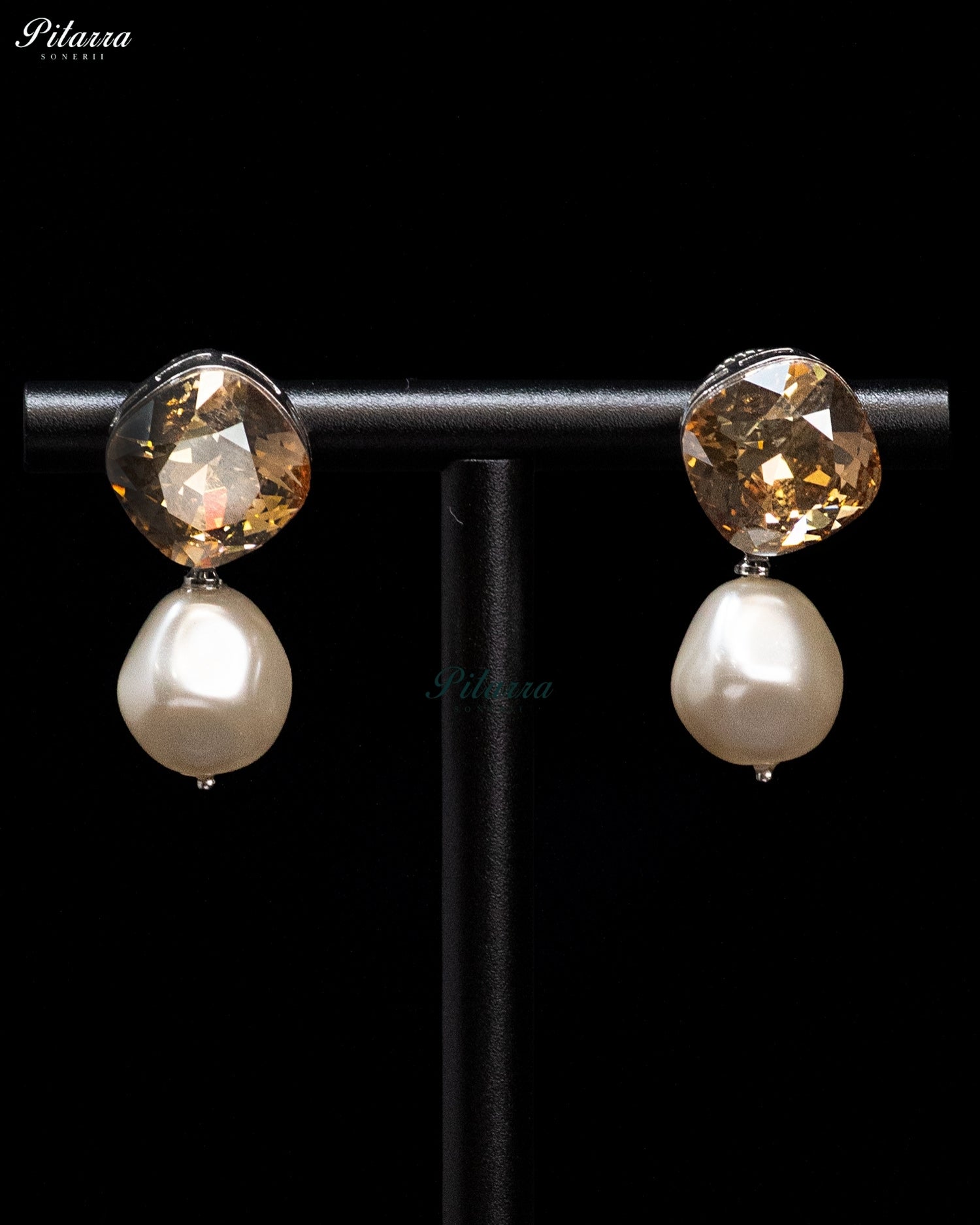 Golden Amber Crystal Pearl Drop Earrings