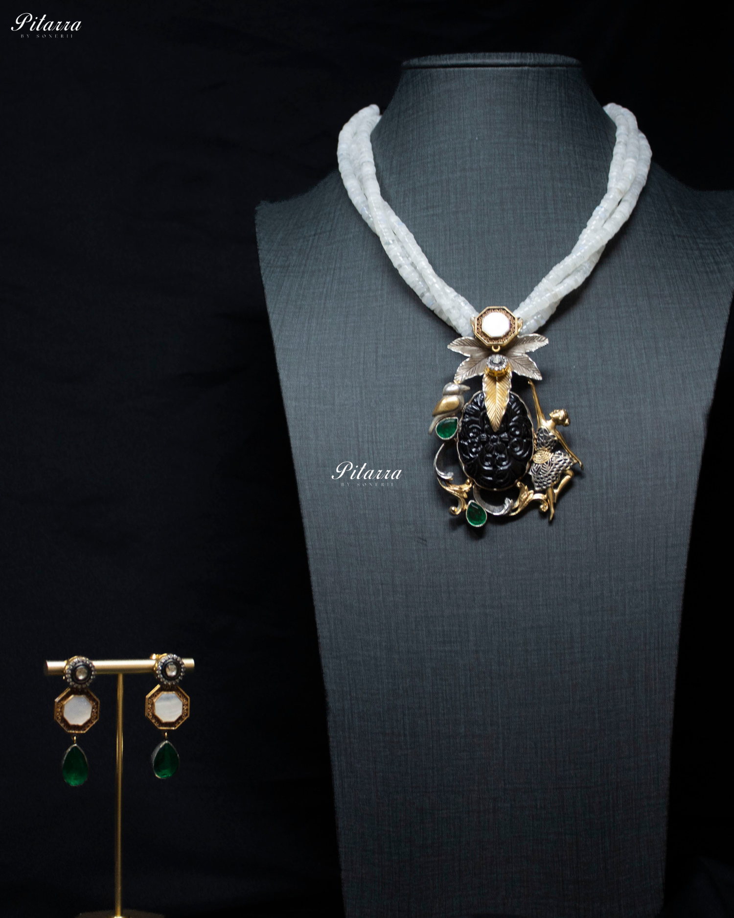 Floral Motifs White Beaded 92.5 Silver Necklace Set