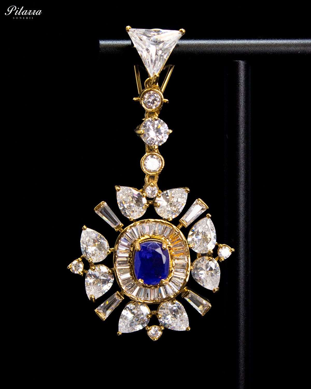 Royal Blue Oval Kundan Sunburst Design Drop Earrings