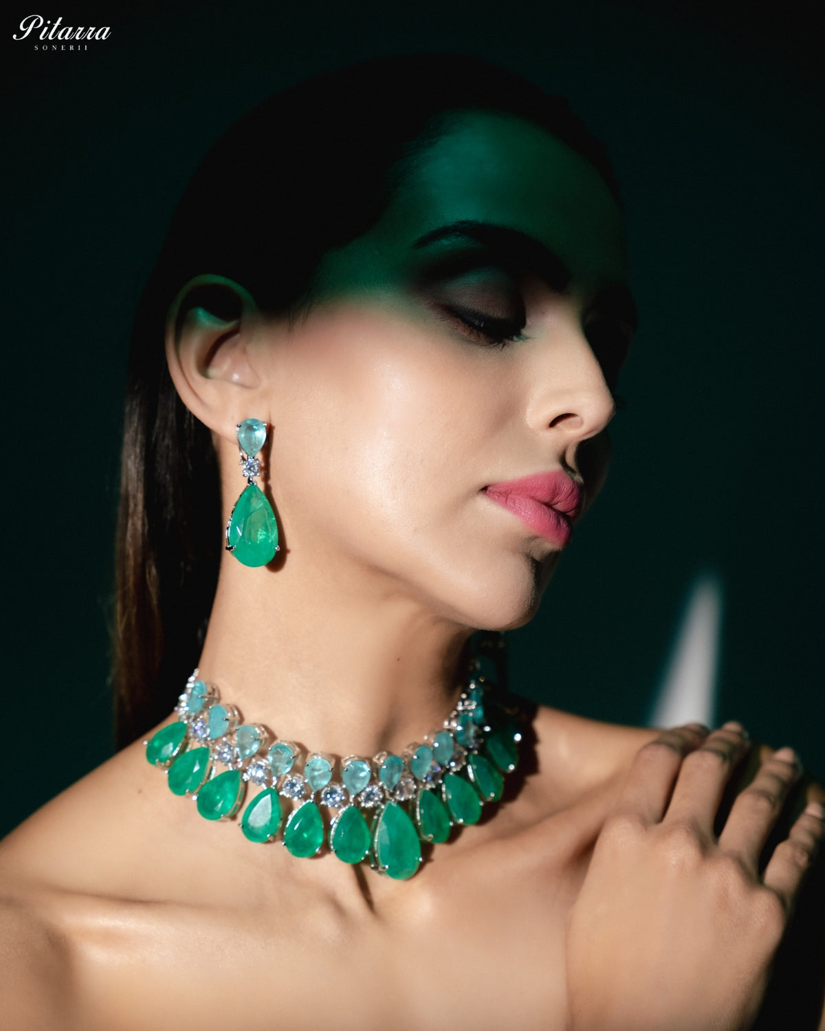 Aqua Green & Light Aqua Blue Crystal Statement Choker Necklace Set