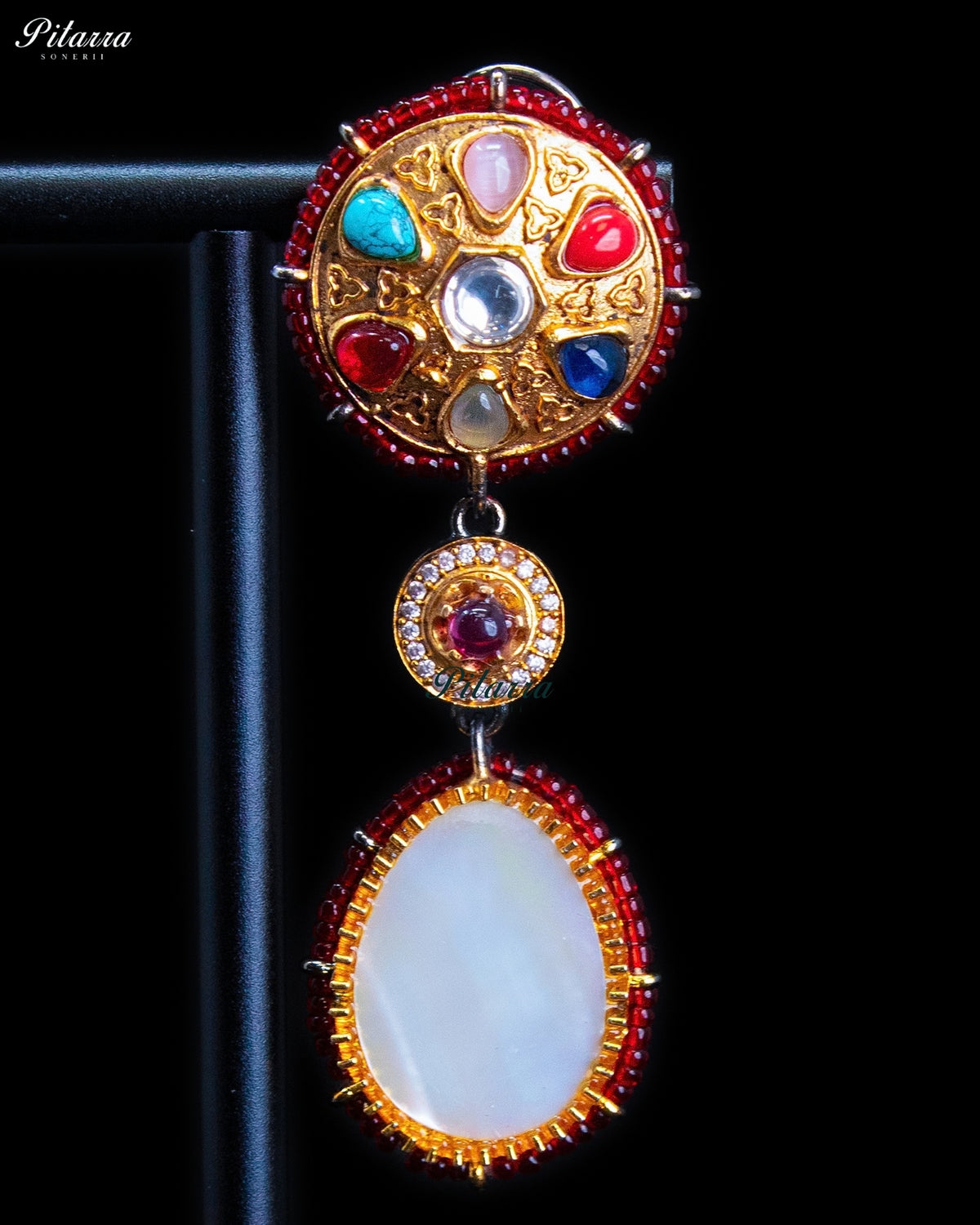 Royal Navratna Inspired Multicolor Kundan Gold Tone Dangler Earrings - Ruby Red