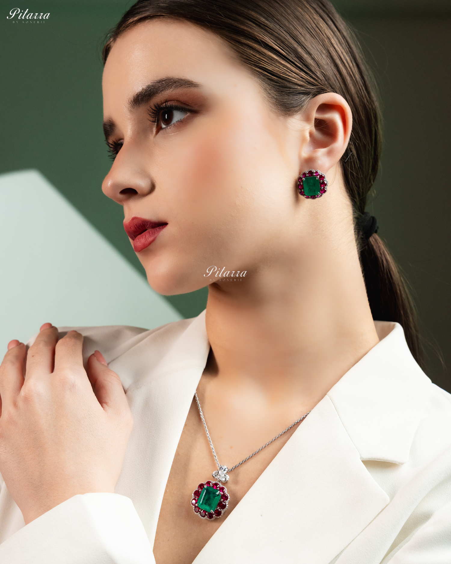 Emerald Stone Pink Line Square Crytsal Stud Earrings