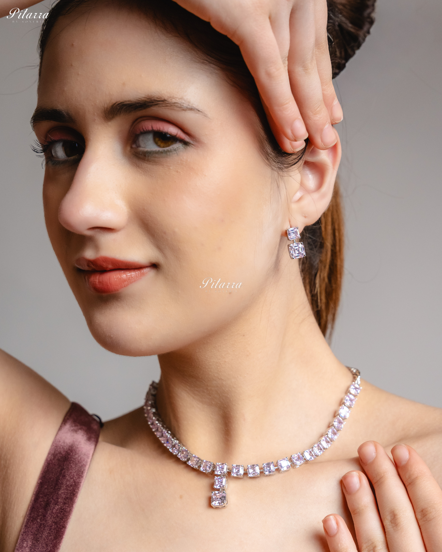 Pink Tone One Layer Square Drop Statement Necklace Set