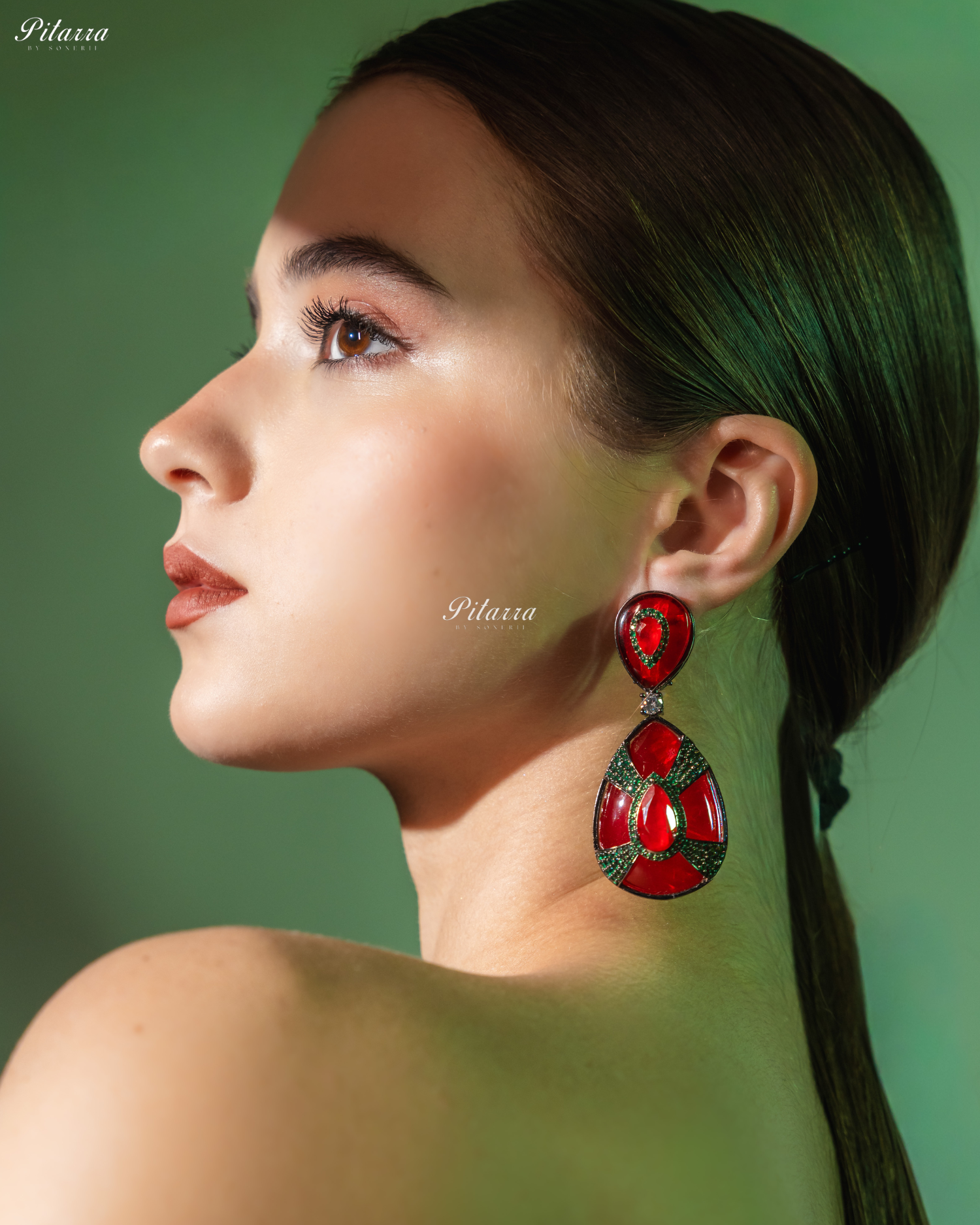 Red Stone Red Drop Emerald Line Crystal Dangler Earrings