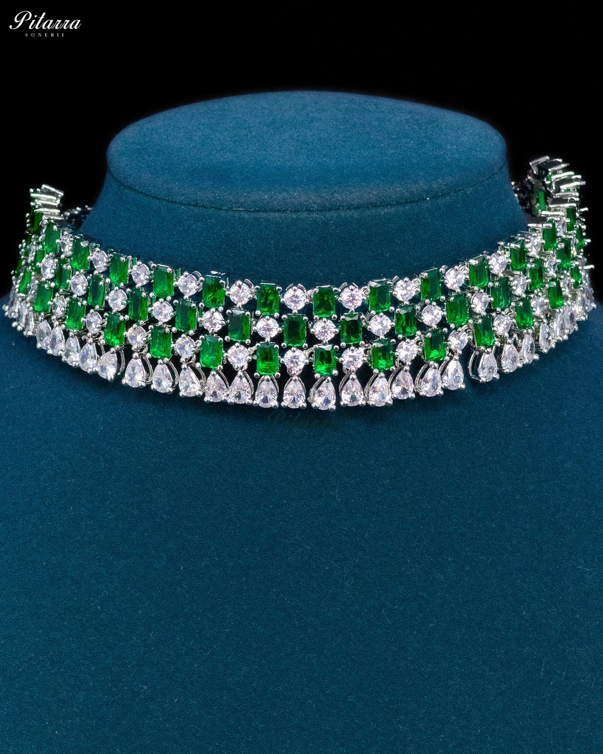 Emerald Green Emerald Cut Stone Zircon Silver Crystal Choker Necklace Set