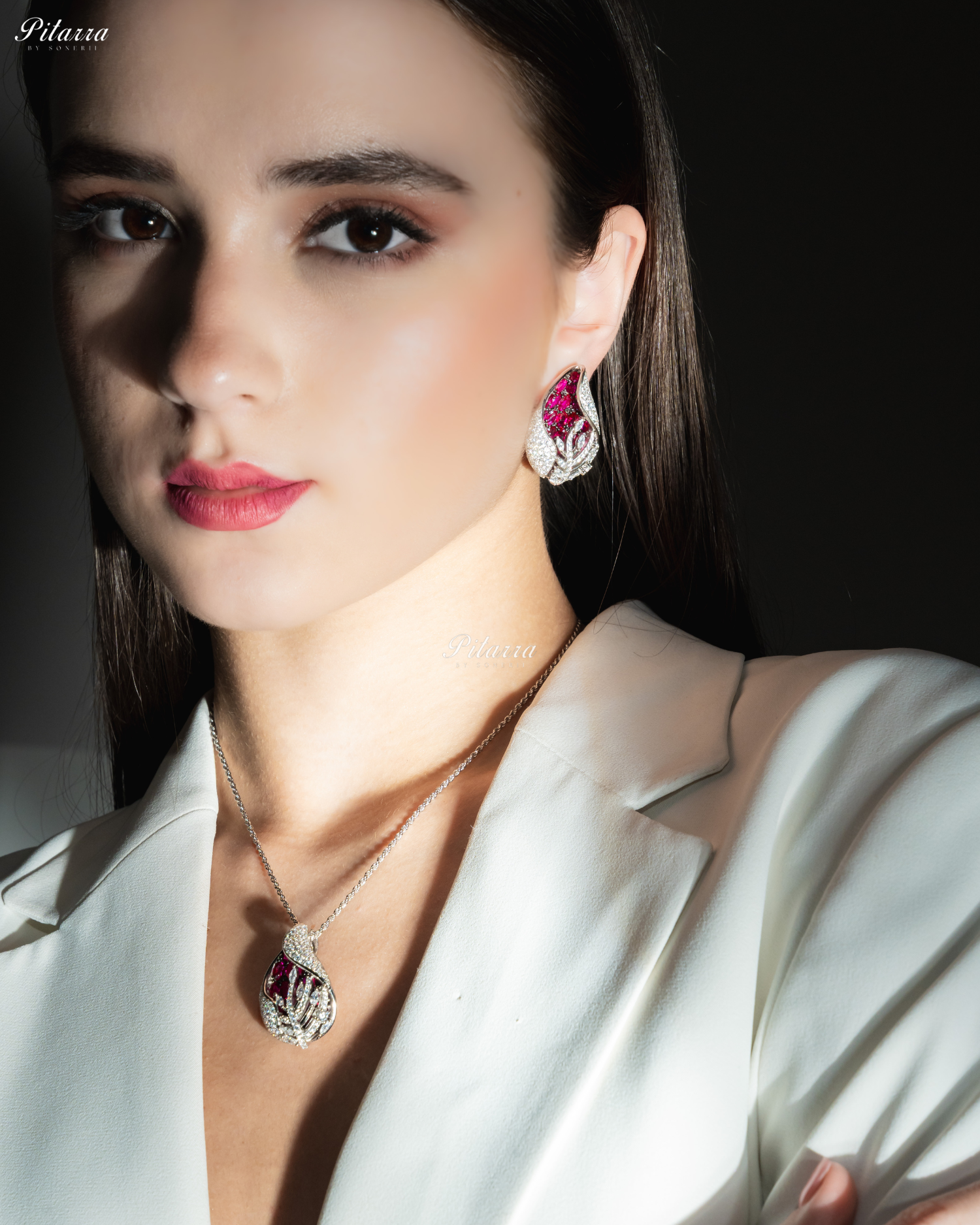 Pink Color Cubic Zirconia Chain 92.5 Silver Pendant Set