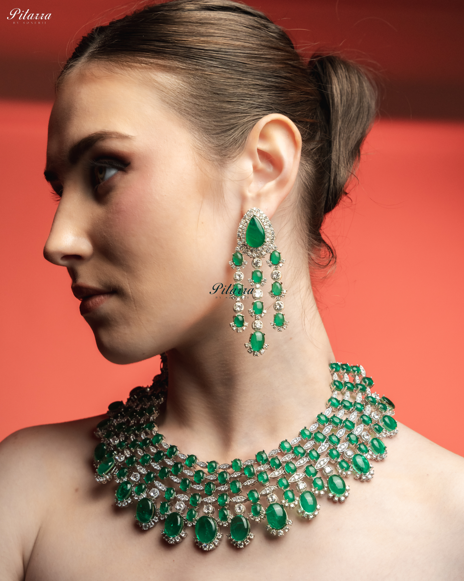 Emerald Stone Silver Multi Layer CZ Necklace Set