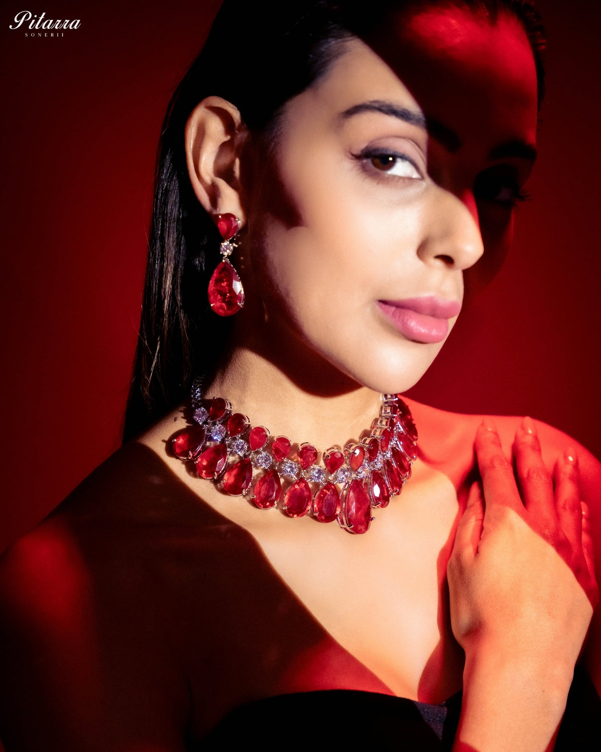 Ruby Red Crystal Statement Choker Necklace Set