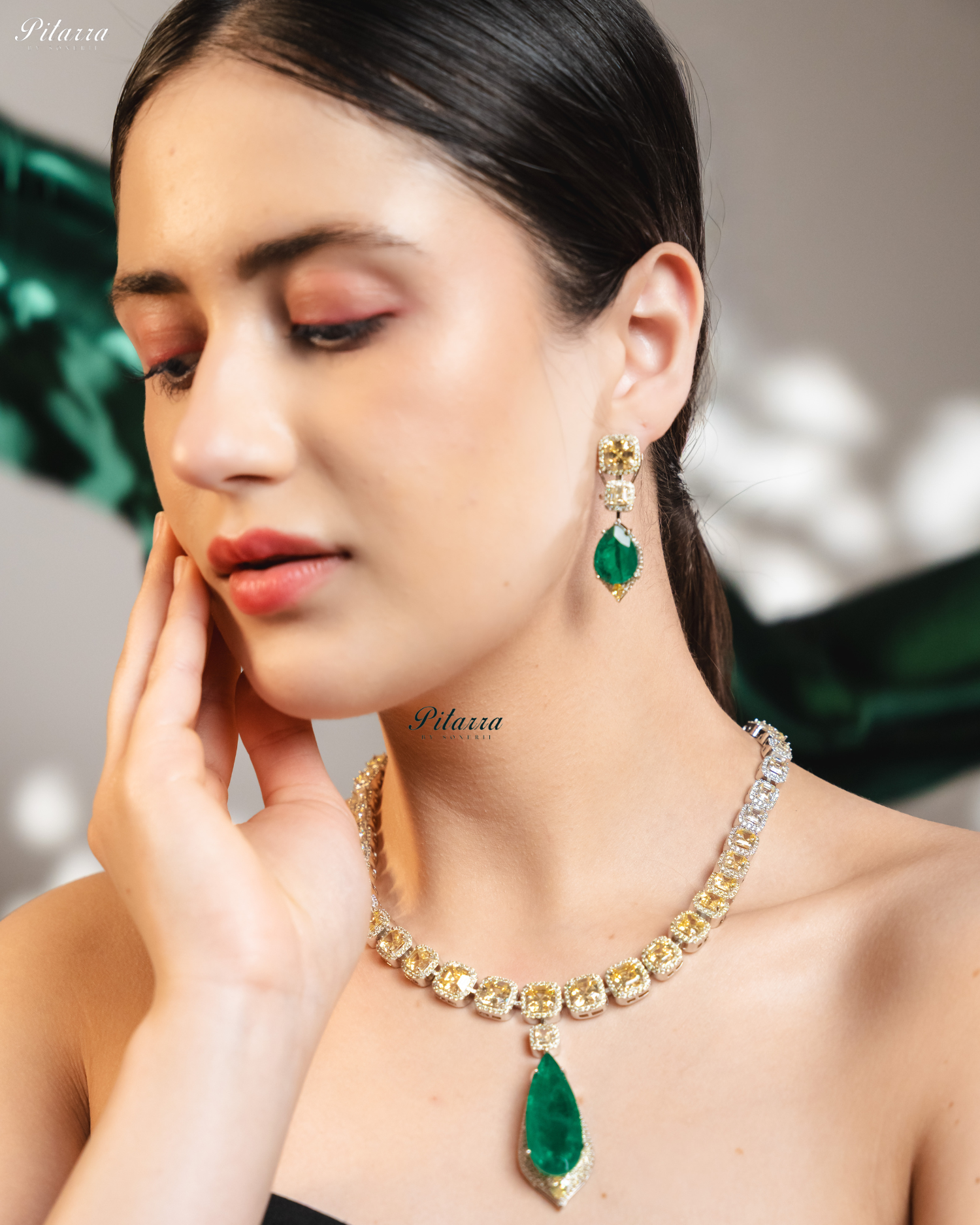 Emerald Crystals Cut Silver Plated Zircon Necklace Set