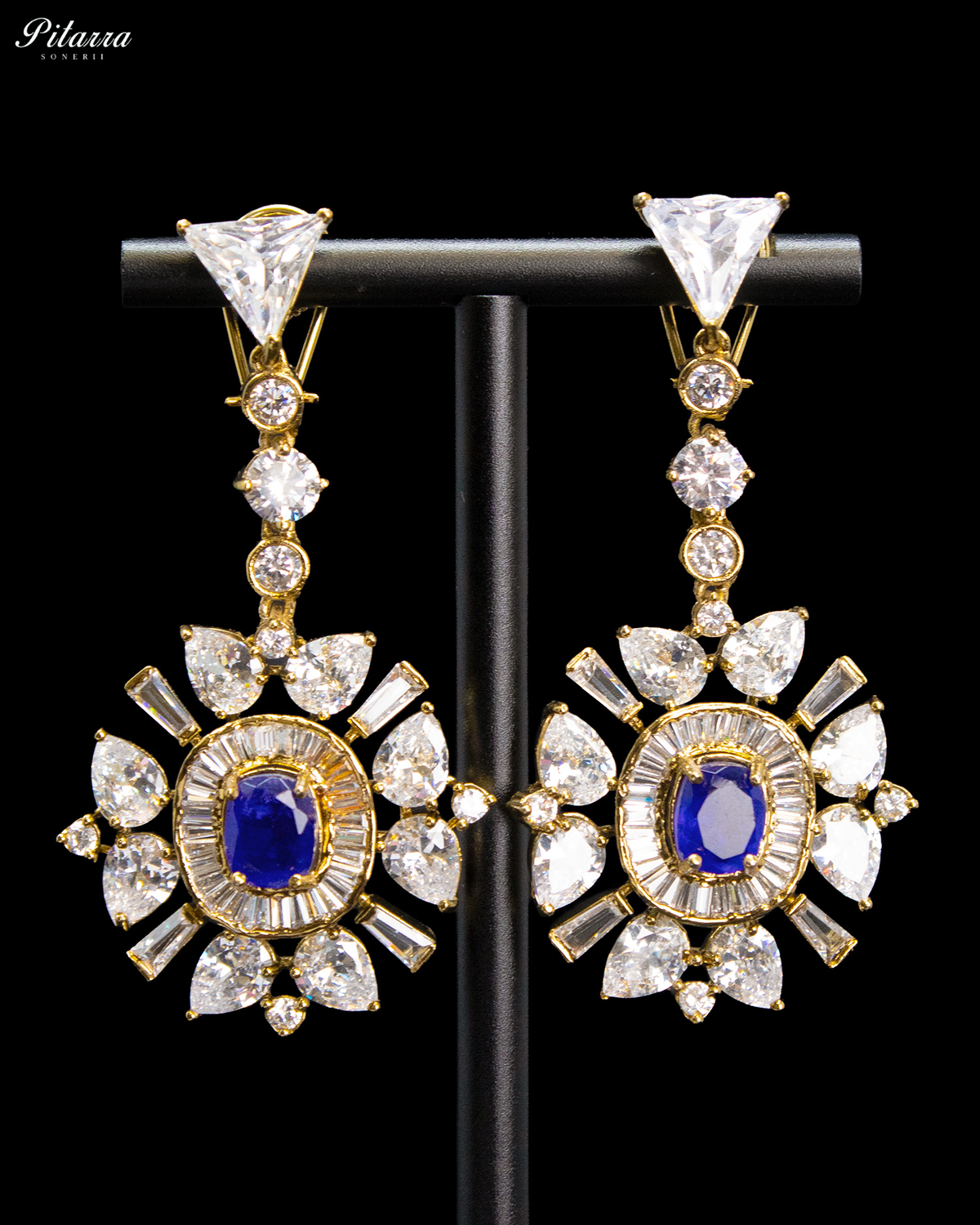 Royal Blue Oval Kundan Sunburst Design Drop Earrings