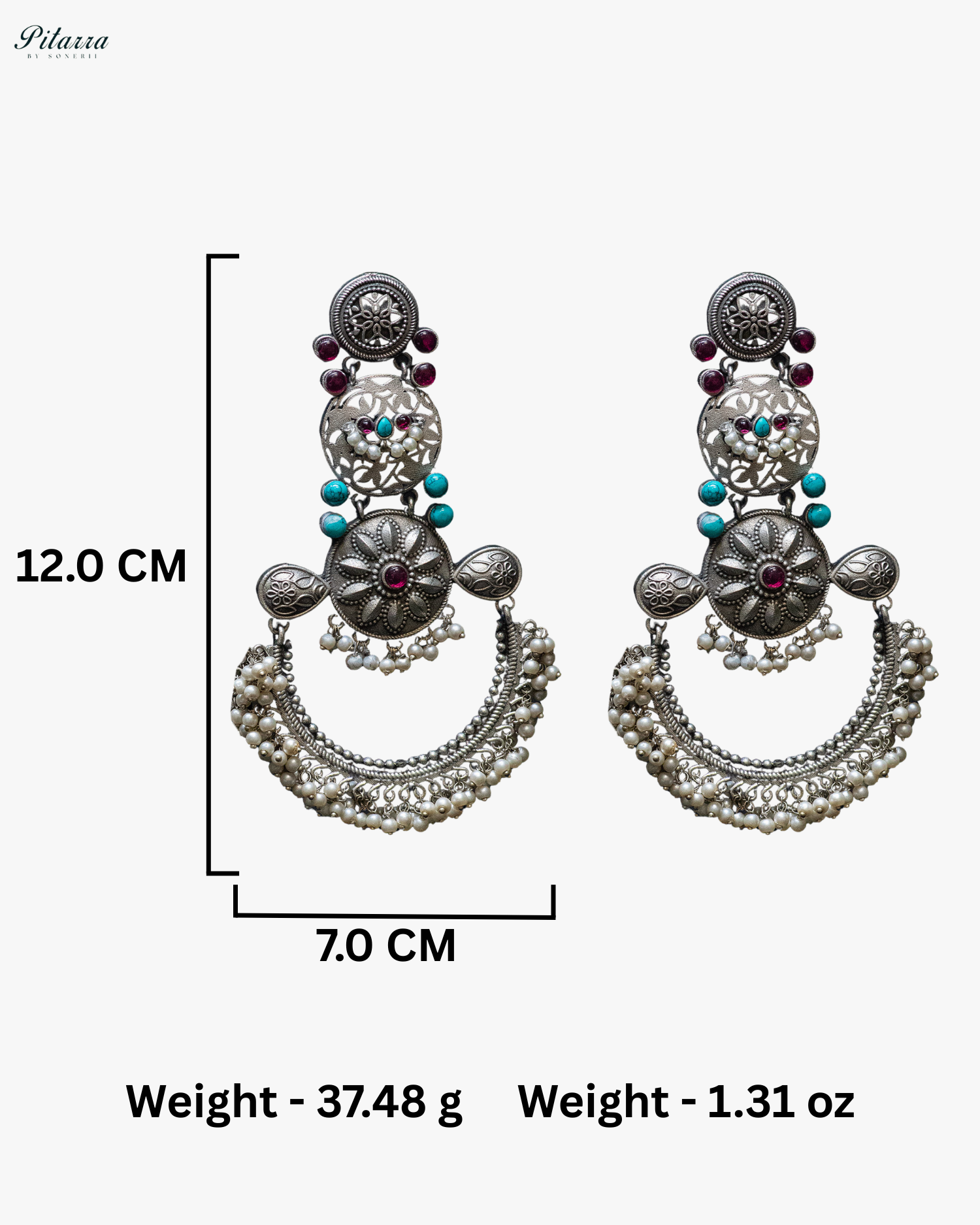 Turquoise Stone Flora Motif Silver Look Alike Dangler Earrings