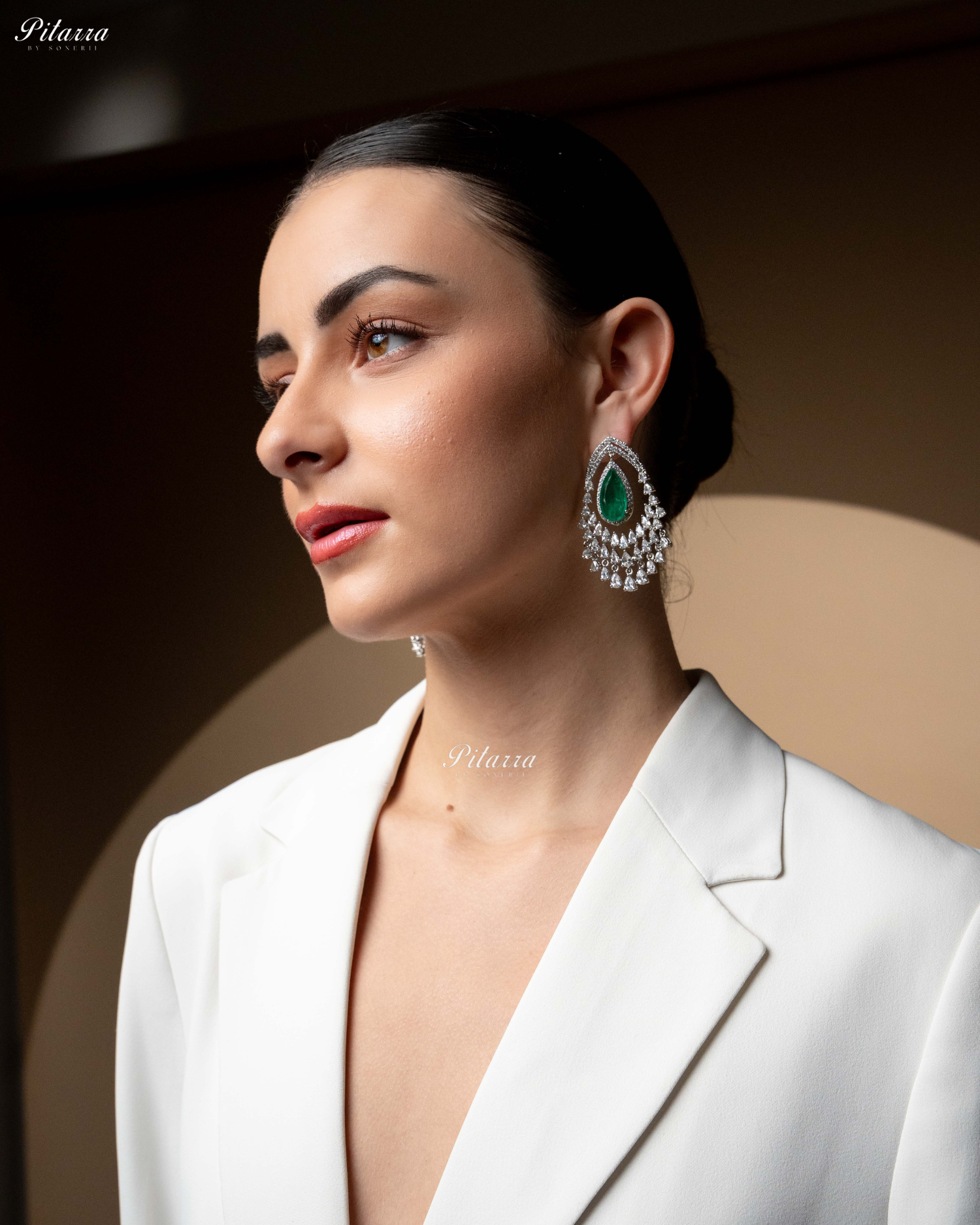 Emerald Stone Silver CZ Dangle Earrings