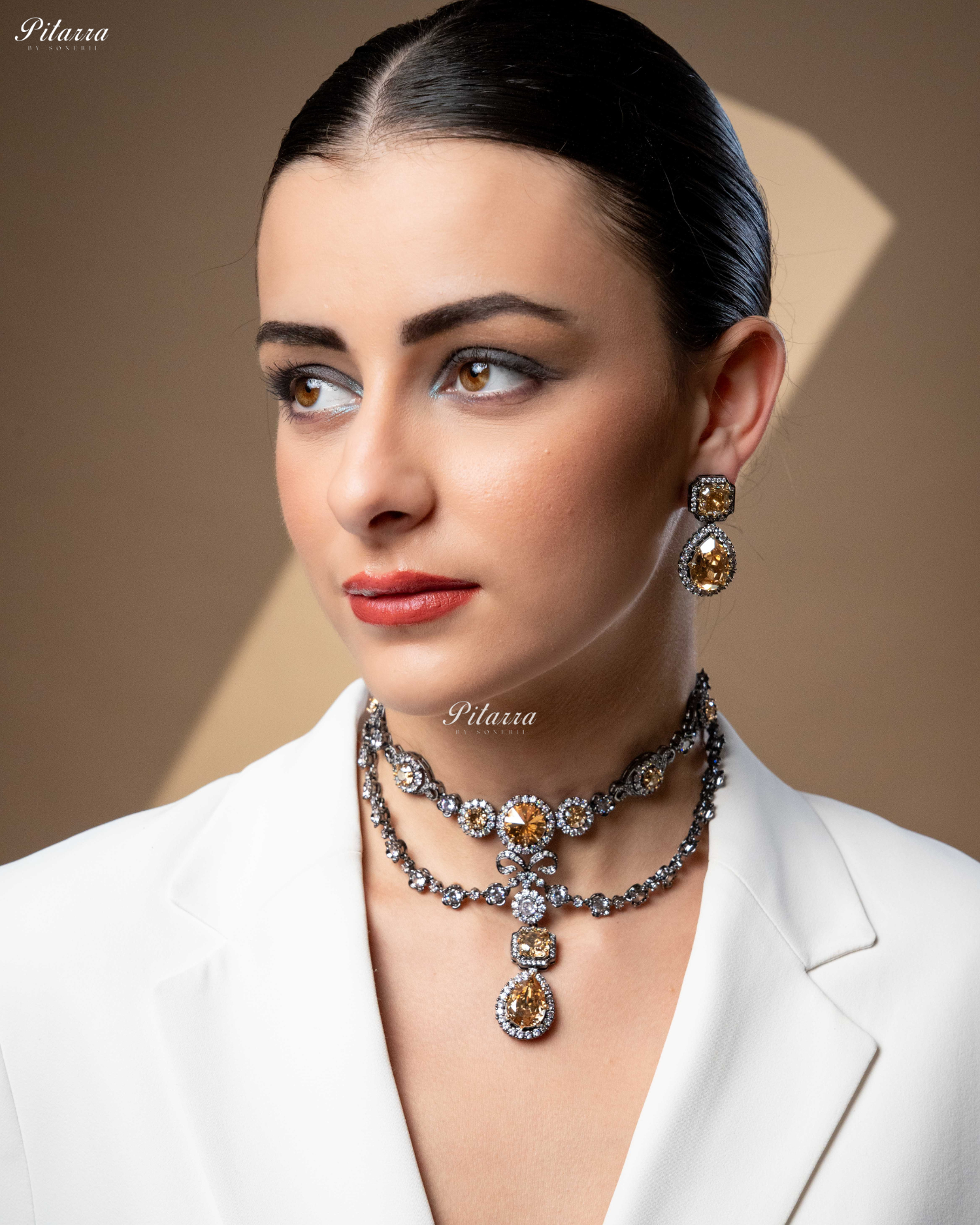 Yellow Two Layer Silver CZ Victorian Black polish Necklace Set