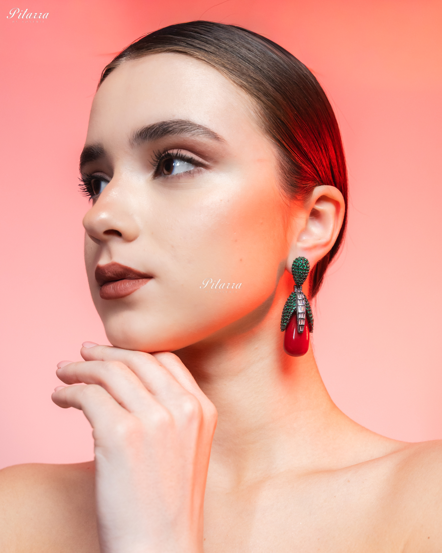 Emerald Leaf Red Teardrop CZ Crystal Earrings