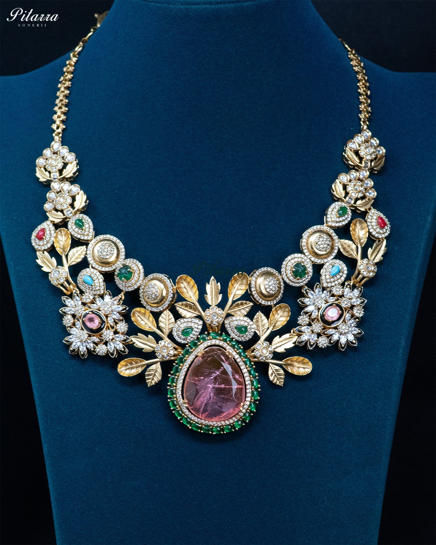 Pink Teardrop Floral Kundan Necklace Set