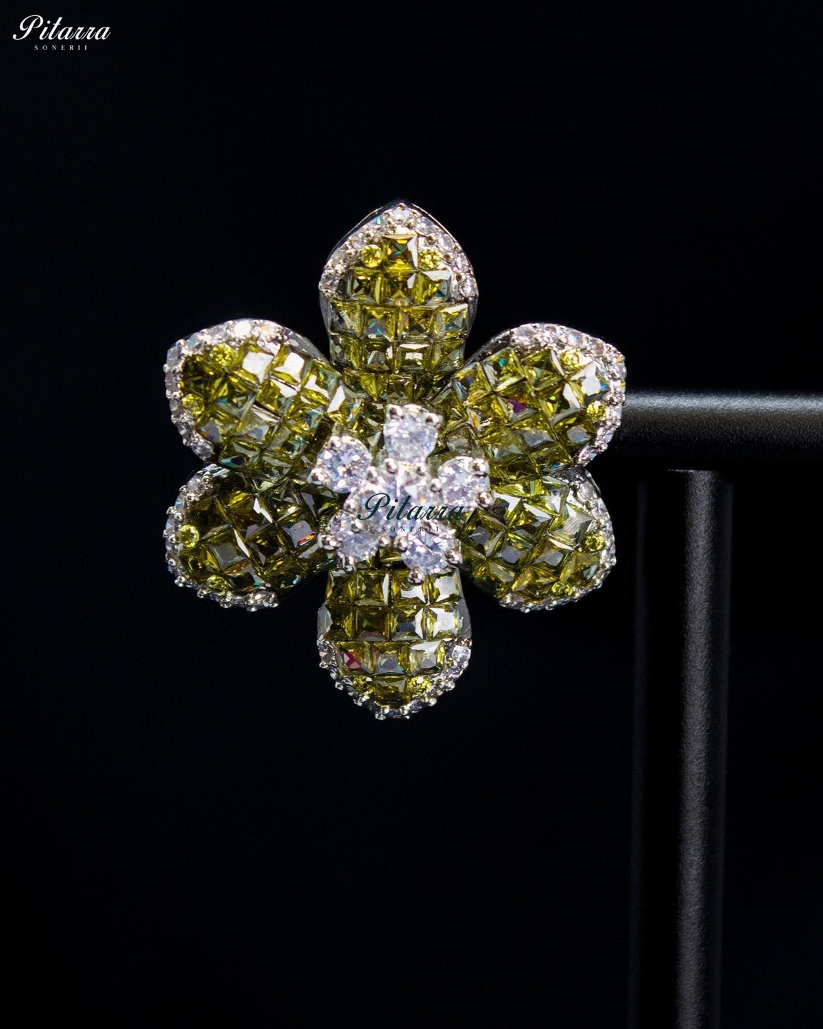 Olive Green Crystal Flower Stud Earrings