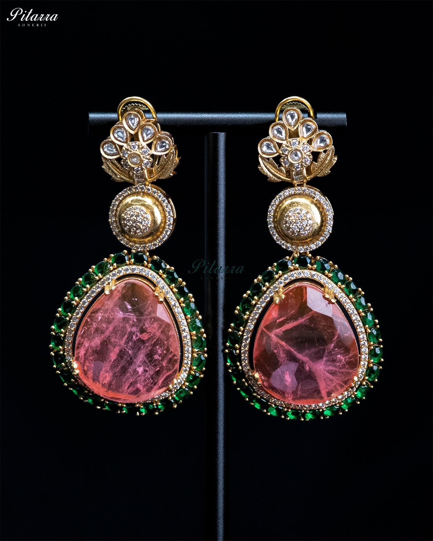 Pink Teardrop Floral Kundan Necklace Set