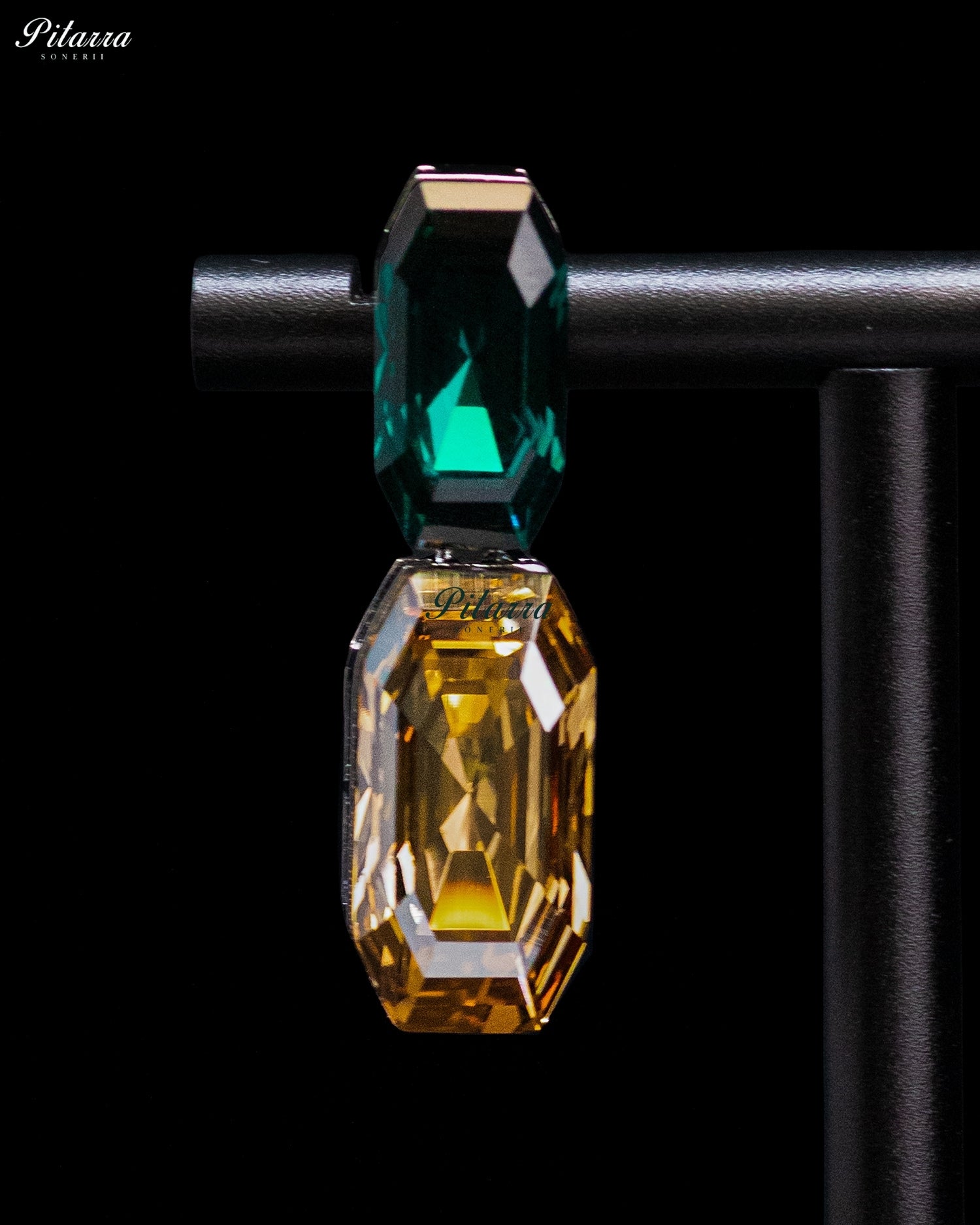 Emerald Green and Golden Amber Emerald Cut Crystal Drop Earrings