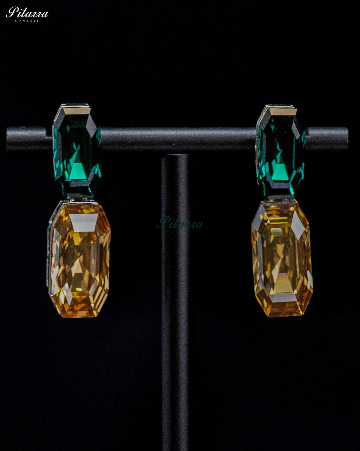 Emerald Green and Golden Amber Emerald Cut Crystal Drop Earrings