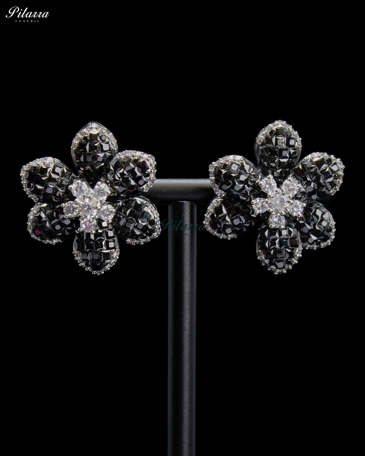 Black Crystal Flower Stud Earrings