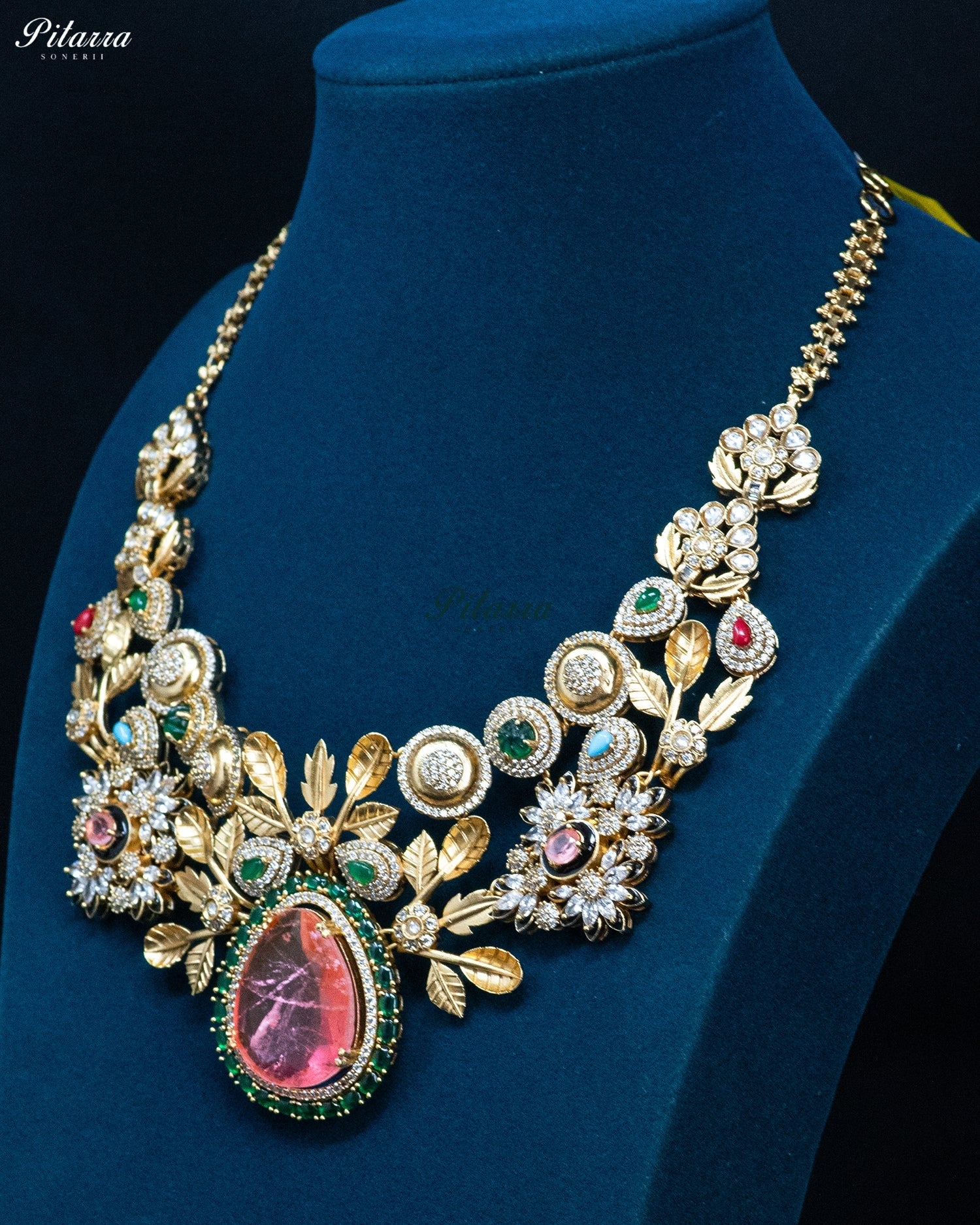Pink Teardrop Floral Kundan Necklace Set