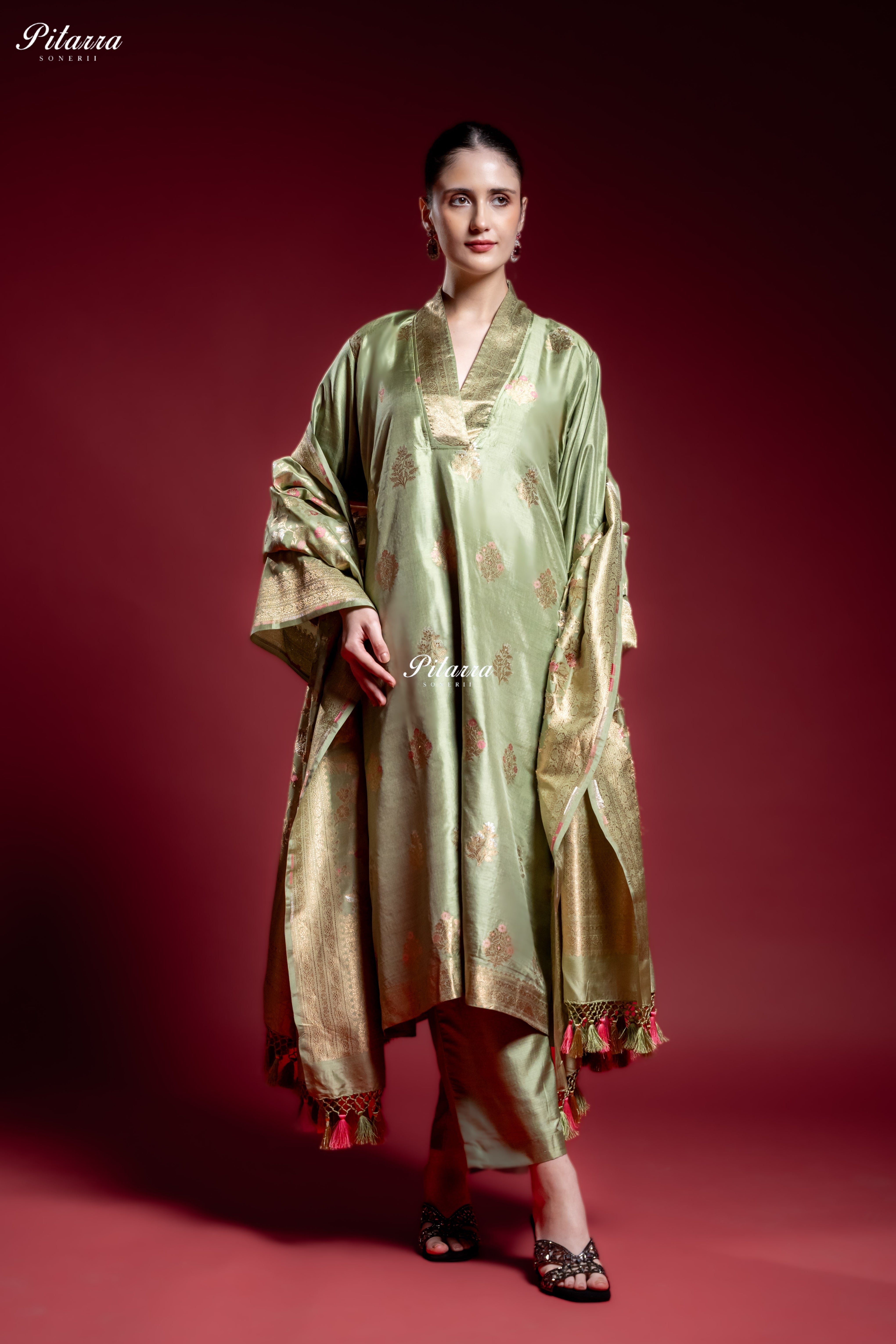 Sage Green Banarasi Silk Kurta Set with Matching Dupatta