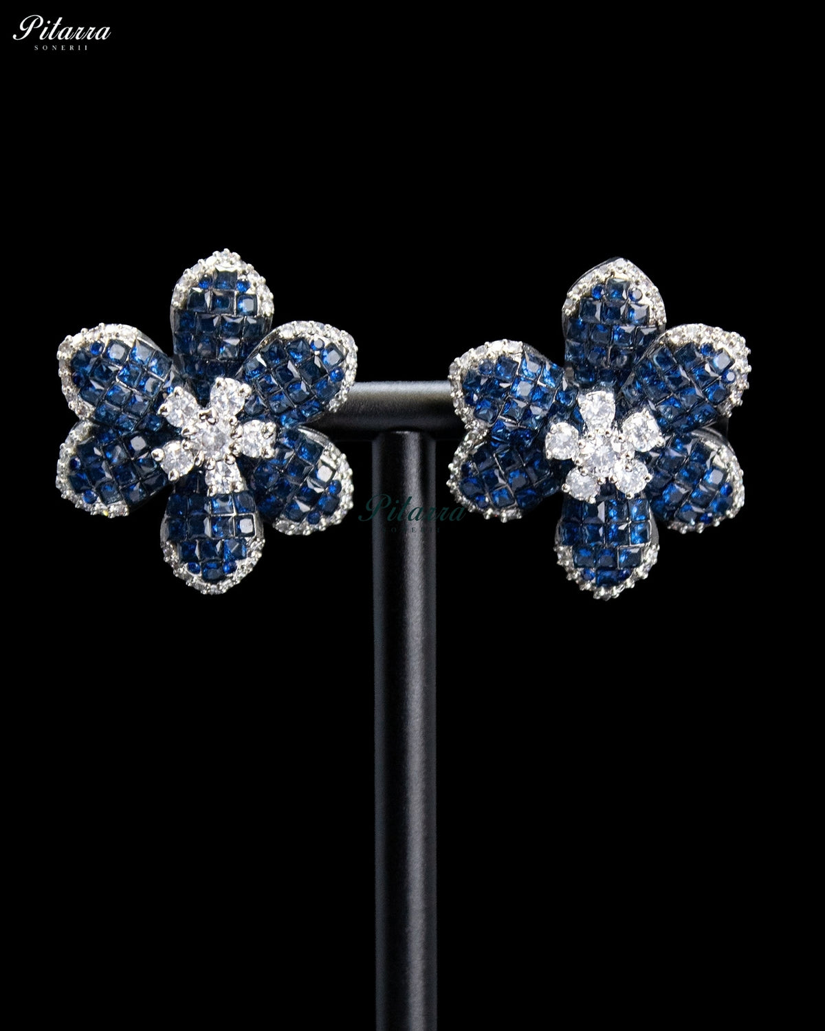 Royal Blue Crystal Flower Stud Earrings