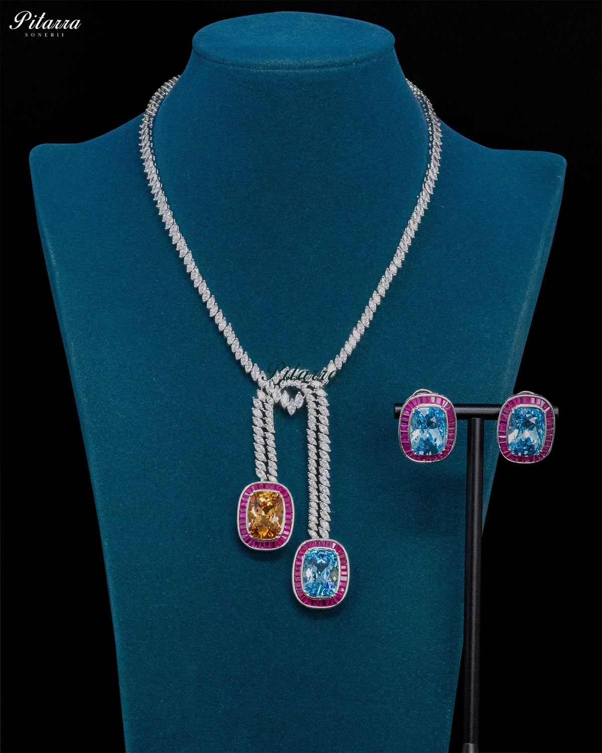 Aqua Blue And Champagne Stone Pink Baguette Zircon Silver Crystal Lariat Necklace Set