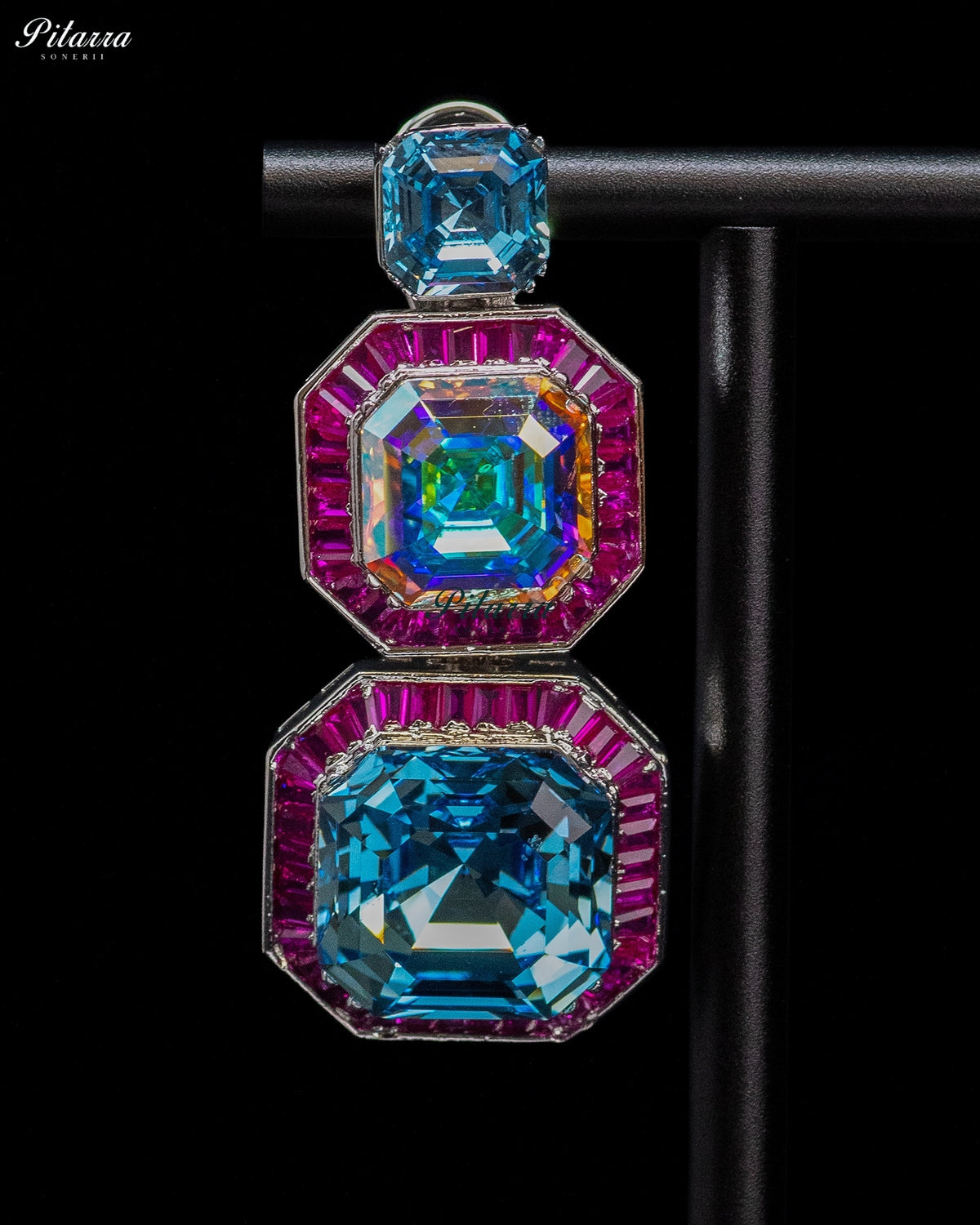 Blue and Pink Crystal Geometric Statement Earrings