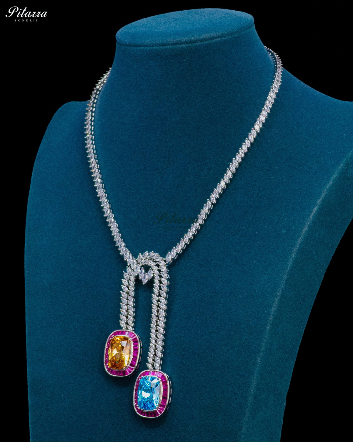 Aqua Blue And Champagne Stone Pink Baguette Zircon Silver Crystal Lariat Necklace Set