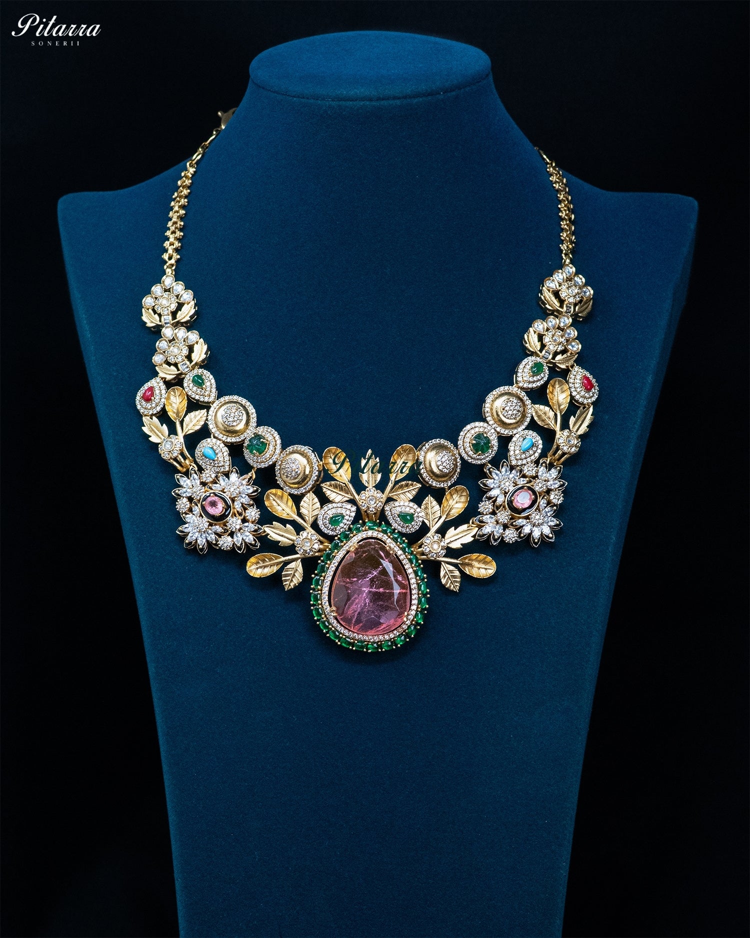 Pink Teardrop Floral Kundan Necklace Set