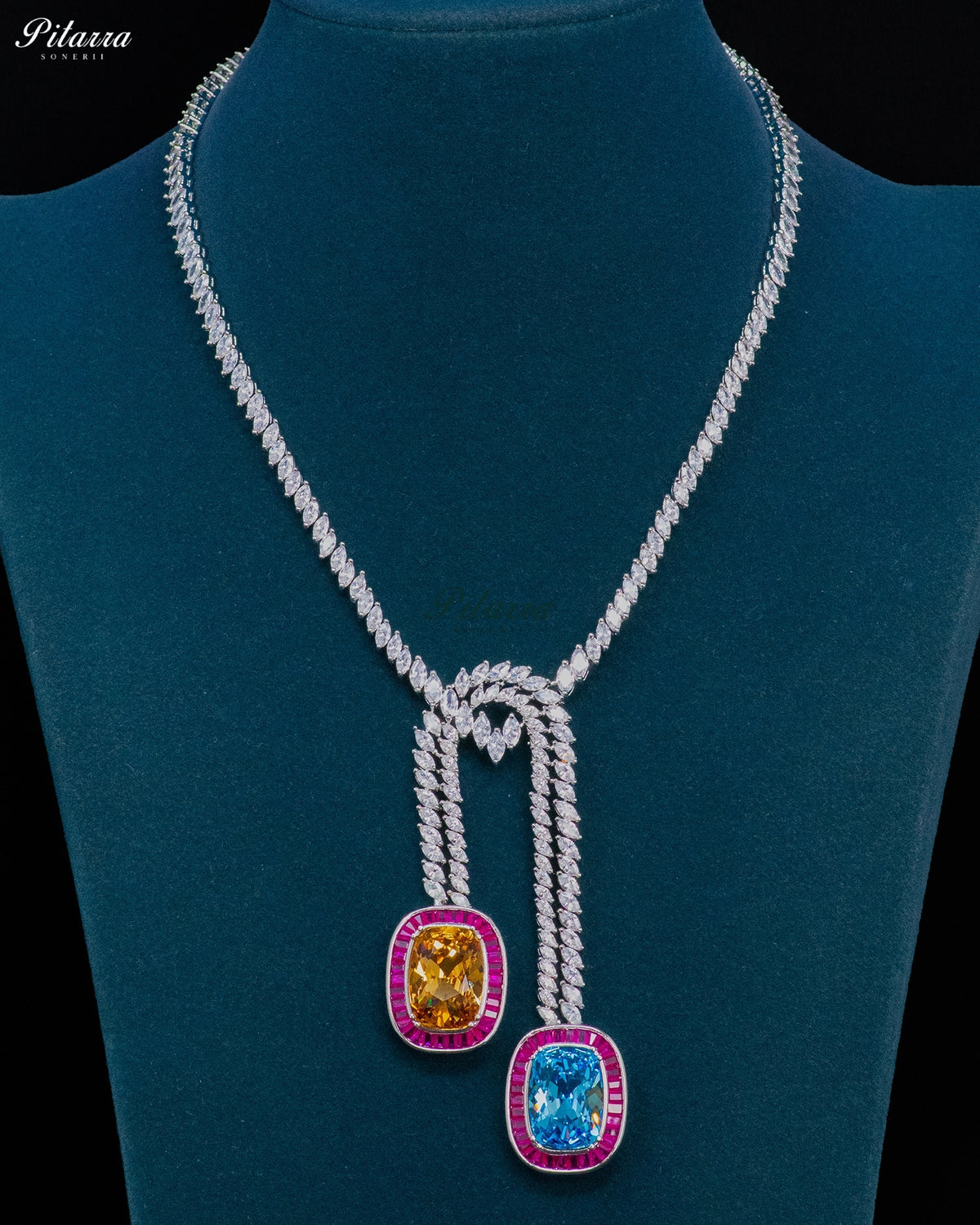 Aqua Blue And Champagne Stone Pink Baguette Zircon Silver Crystal Lariat Necklace Set