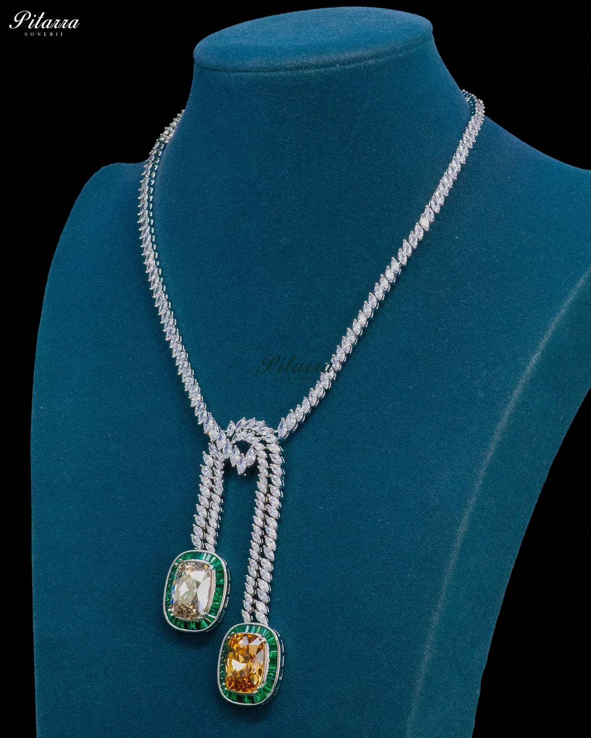 Champagne Stone Green Baguette Zircon Silver Crystal Lariat Necklace Set