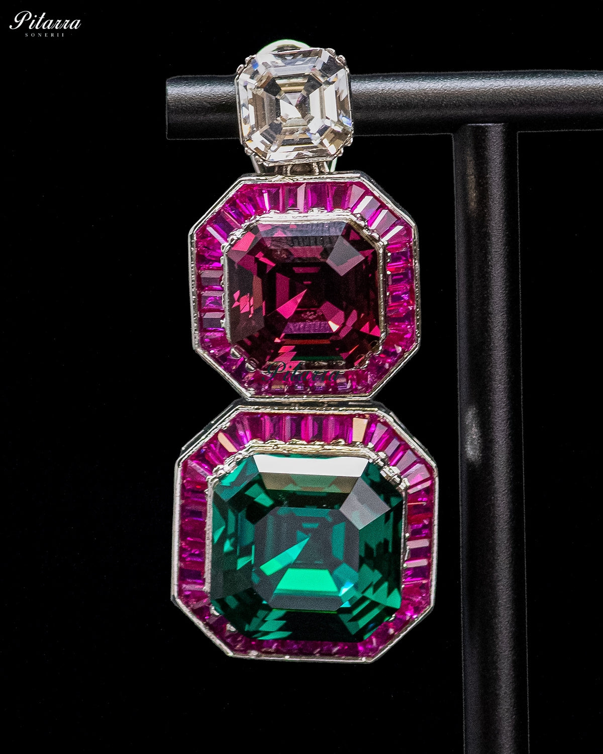 Pink and Green Crystal Geometric Statement Earrings