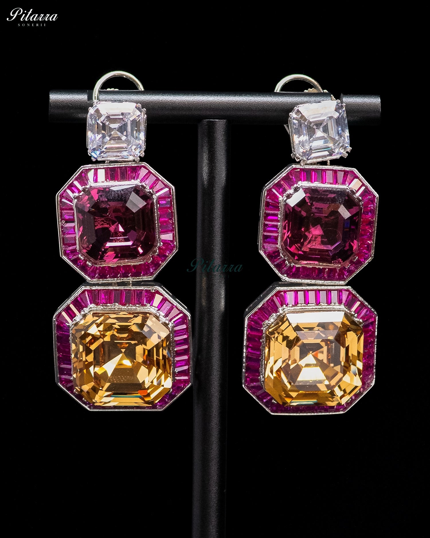 Pink and Gold Crystal Geometric Statement Earrings