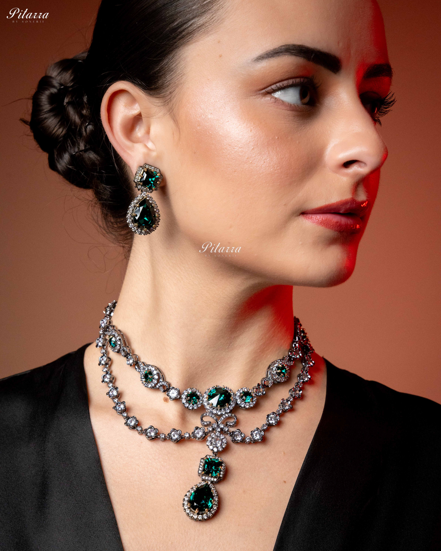 Emerald Two Layer Silver CZ victorian black polish Necklace Set