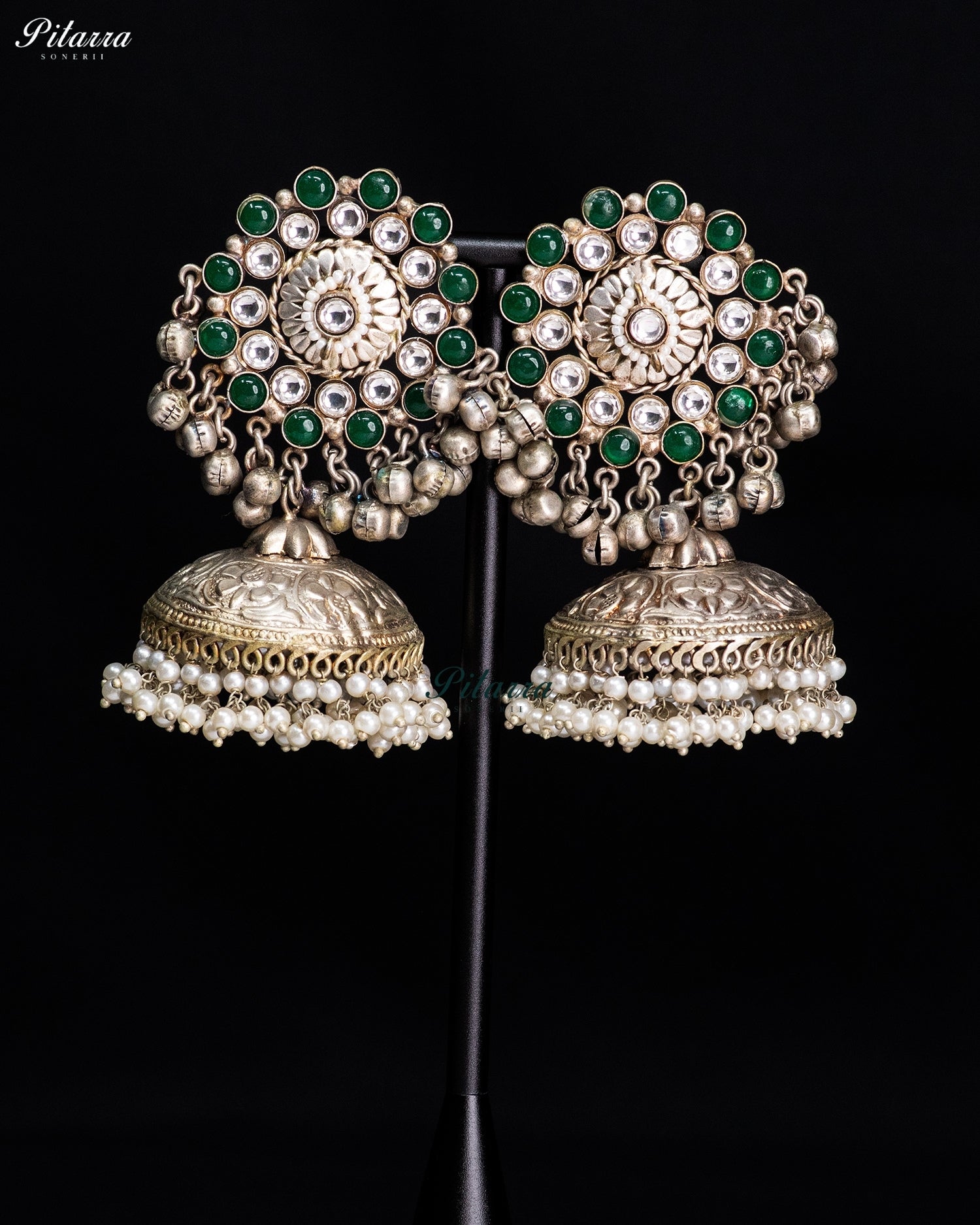 Green Stone & Pearl Silver Look-Alike Jhumka Earrings