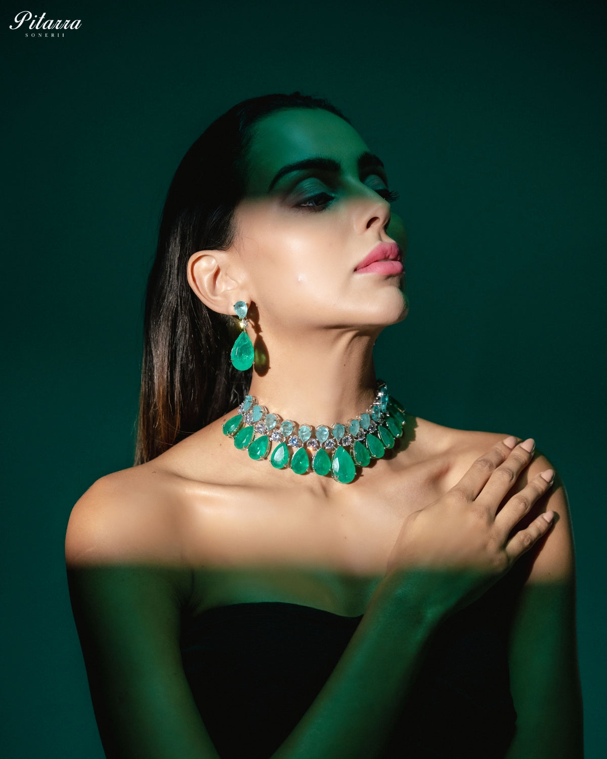 Aqua Green & Light Aqua Blue Crystal Statement Choker Necklace Set