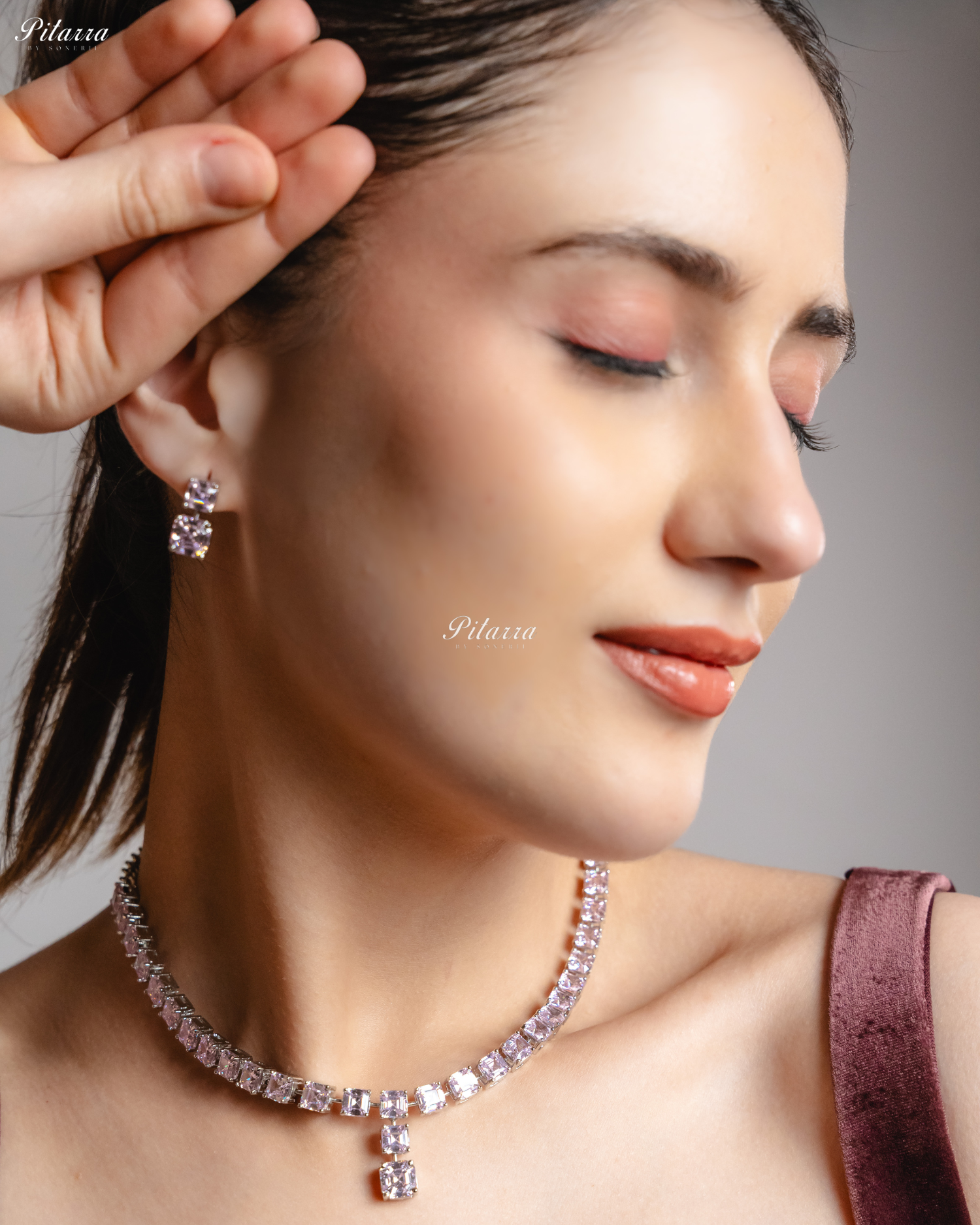Pink Tone One Layer Square Drop Statement Necklace Set