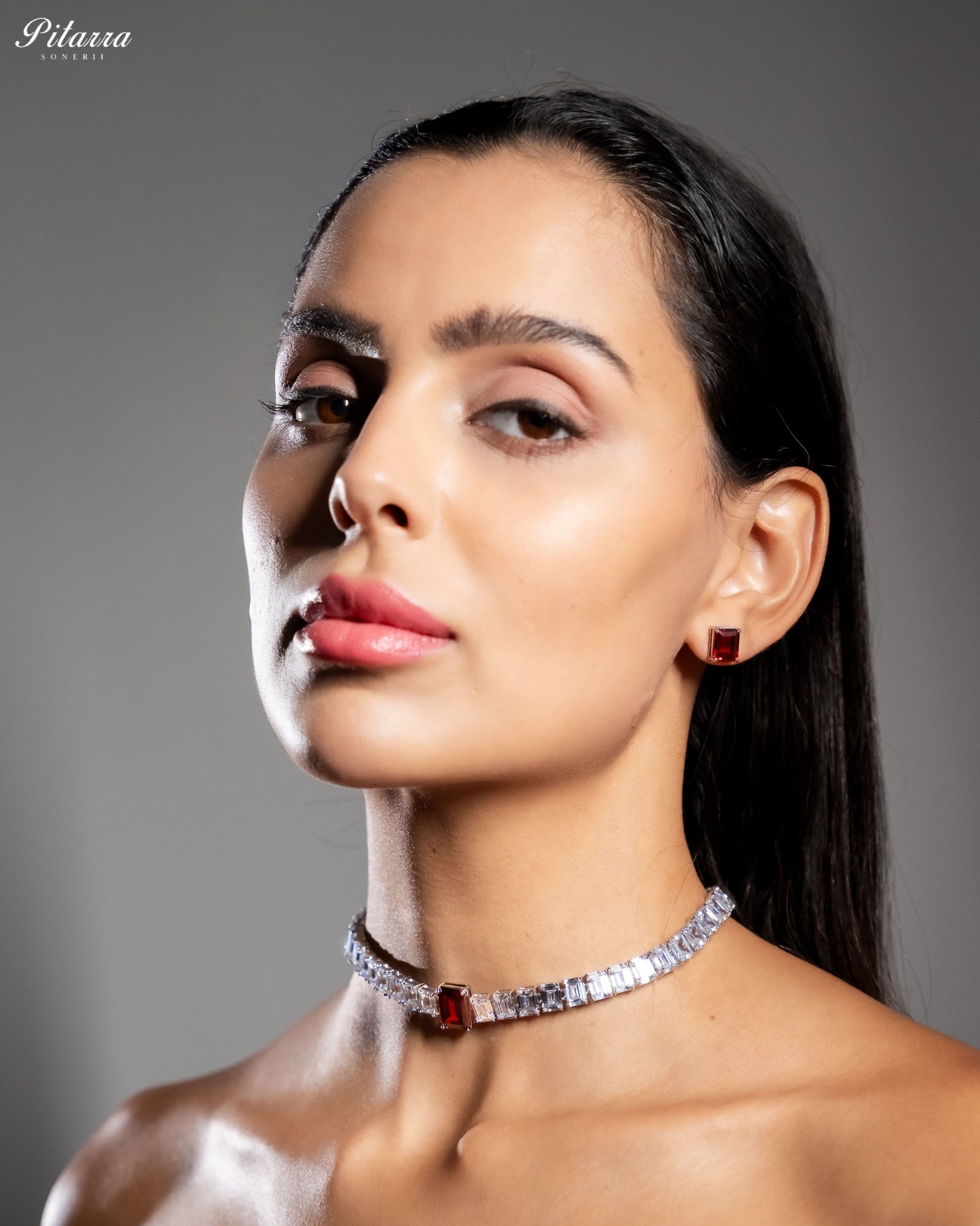 Red Diamond Baguette Cut Tennis Choker Necklace Set