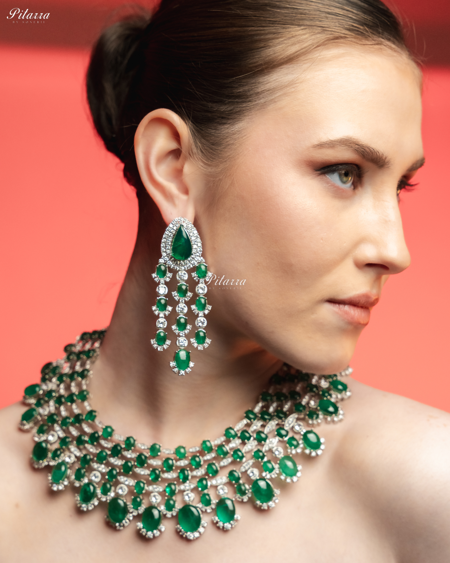 Emerald Stone Silver Multi Layer CZ Necklace Set