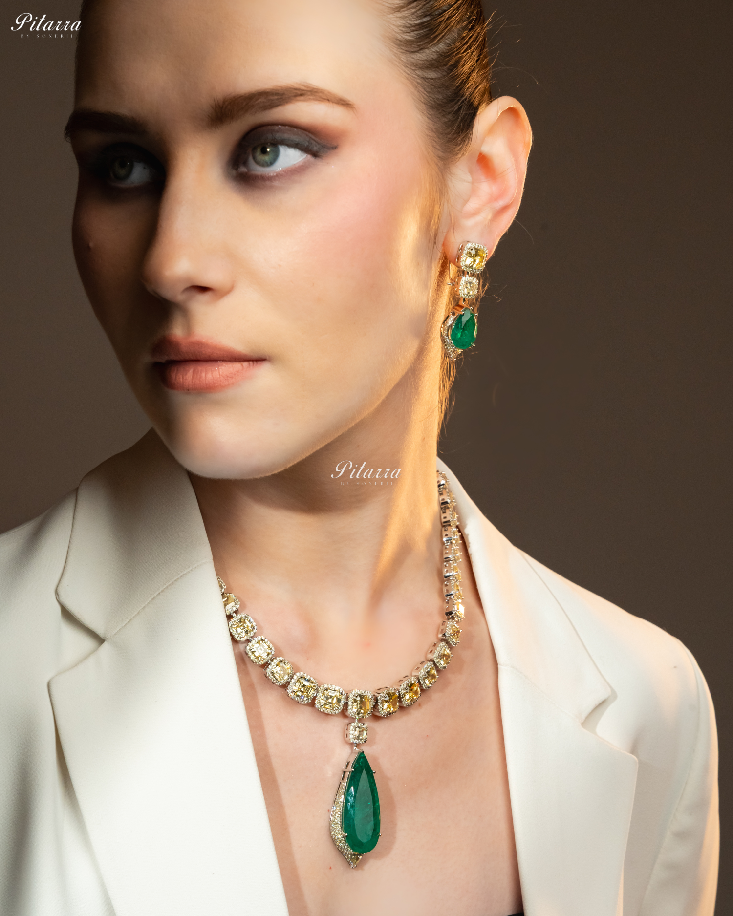 Emerald Crystals Cut Silver Plated Zircon Necklace Set