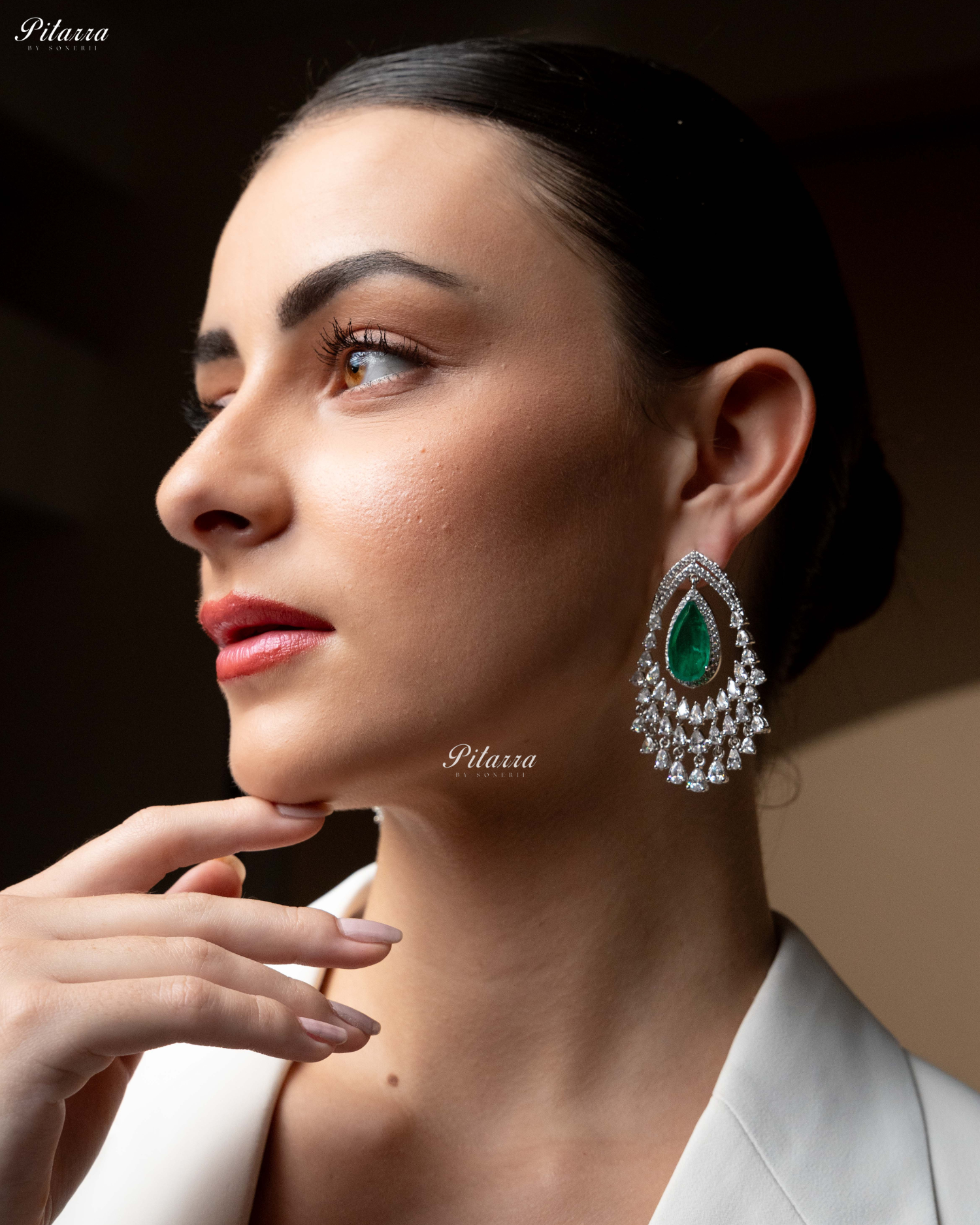 Emerald Stone Silver CZ Dangle Earrings