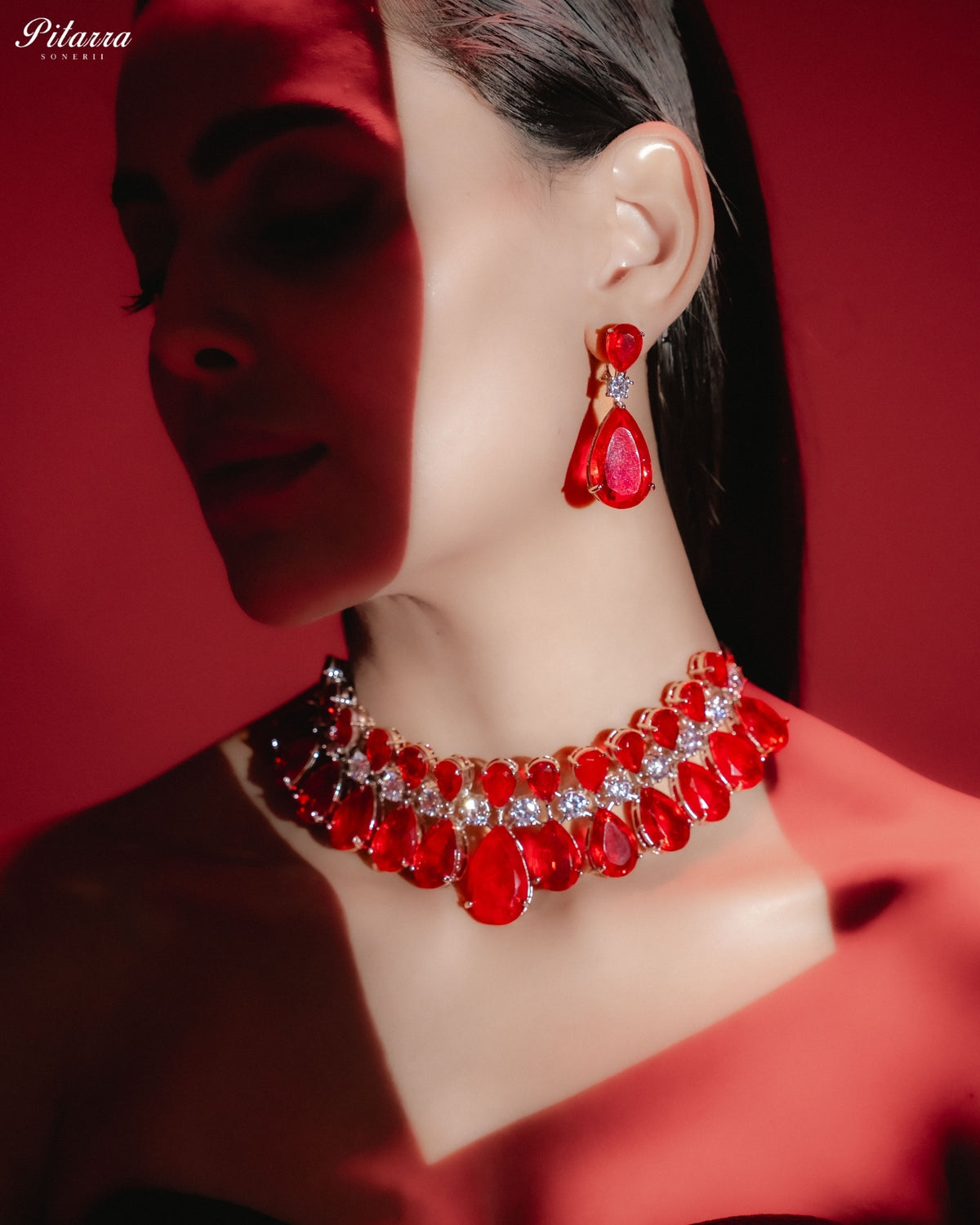 Ruby Red Crystal Statement Choker Necklace Set
